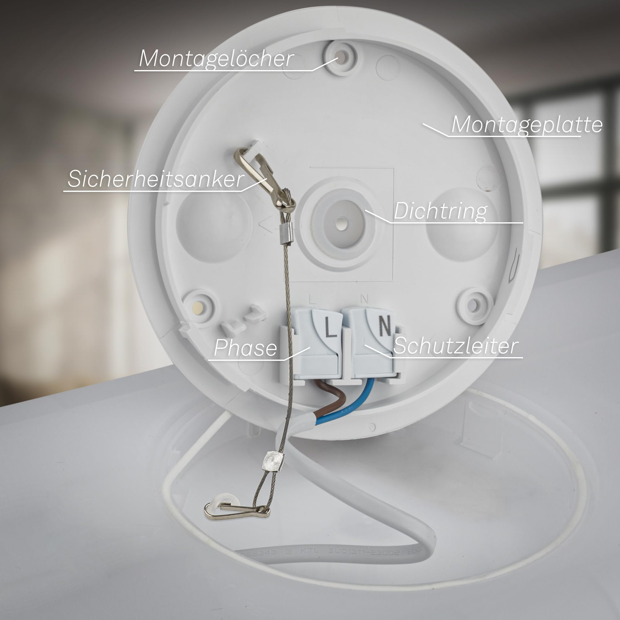 Schema di una piastra di montaggio per lampada da soffitto bianca con parti etichettate come l'ancora.