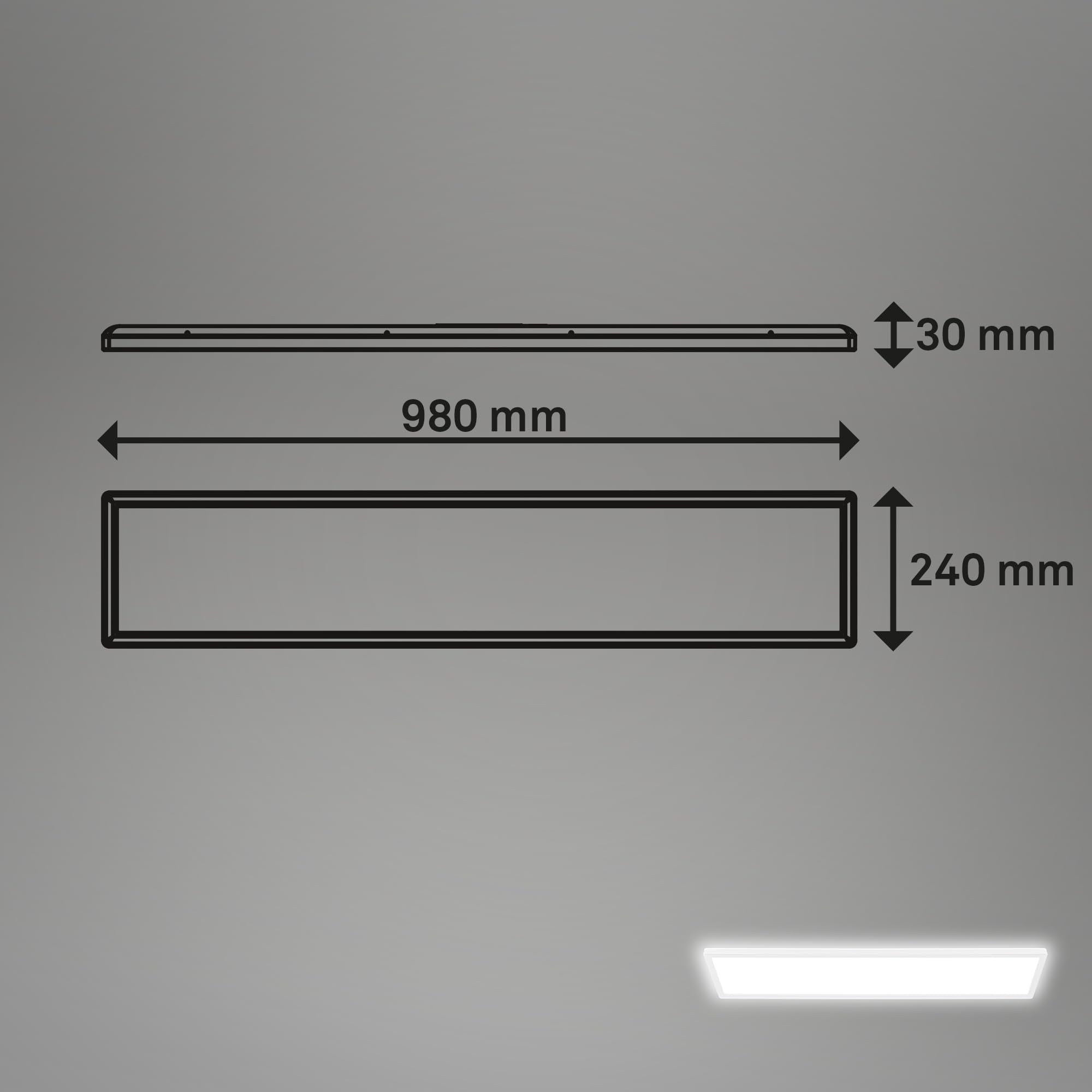 Disegno tecnico di un apparecchio di illuminazione rettangolare con dimensioni: 980 mm di lunghezza, 240 mm di larghezza.