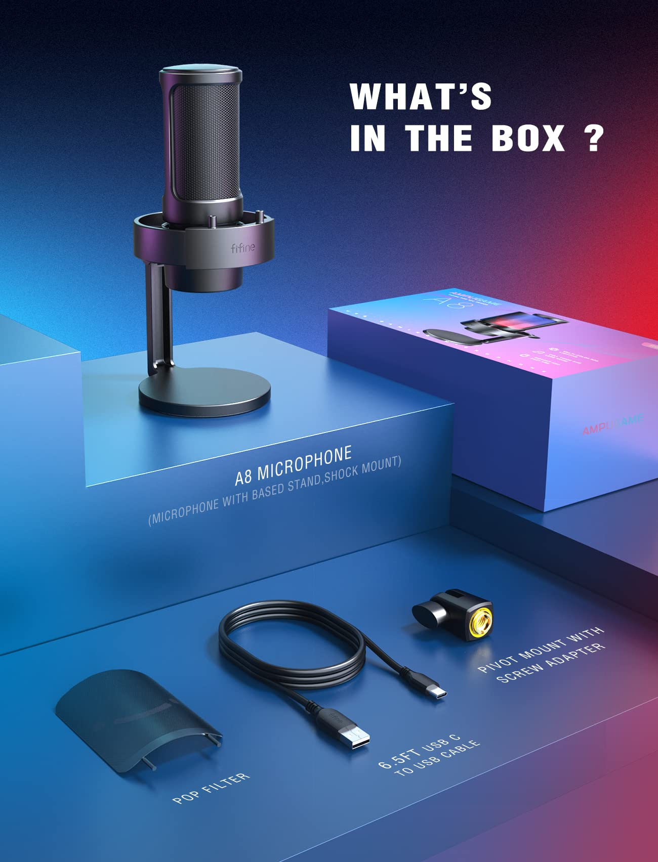 Un ensemble microphone avec pied, suspension, filtre anti-pop, câble USB-C et adaptateur à vis.
