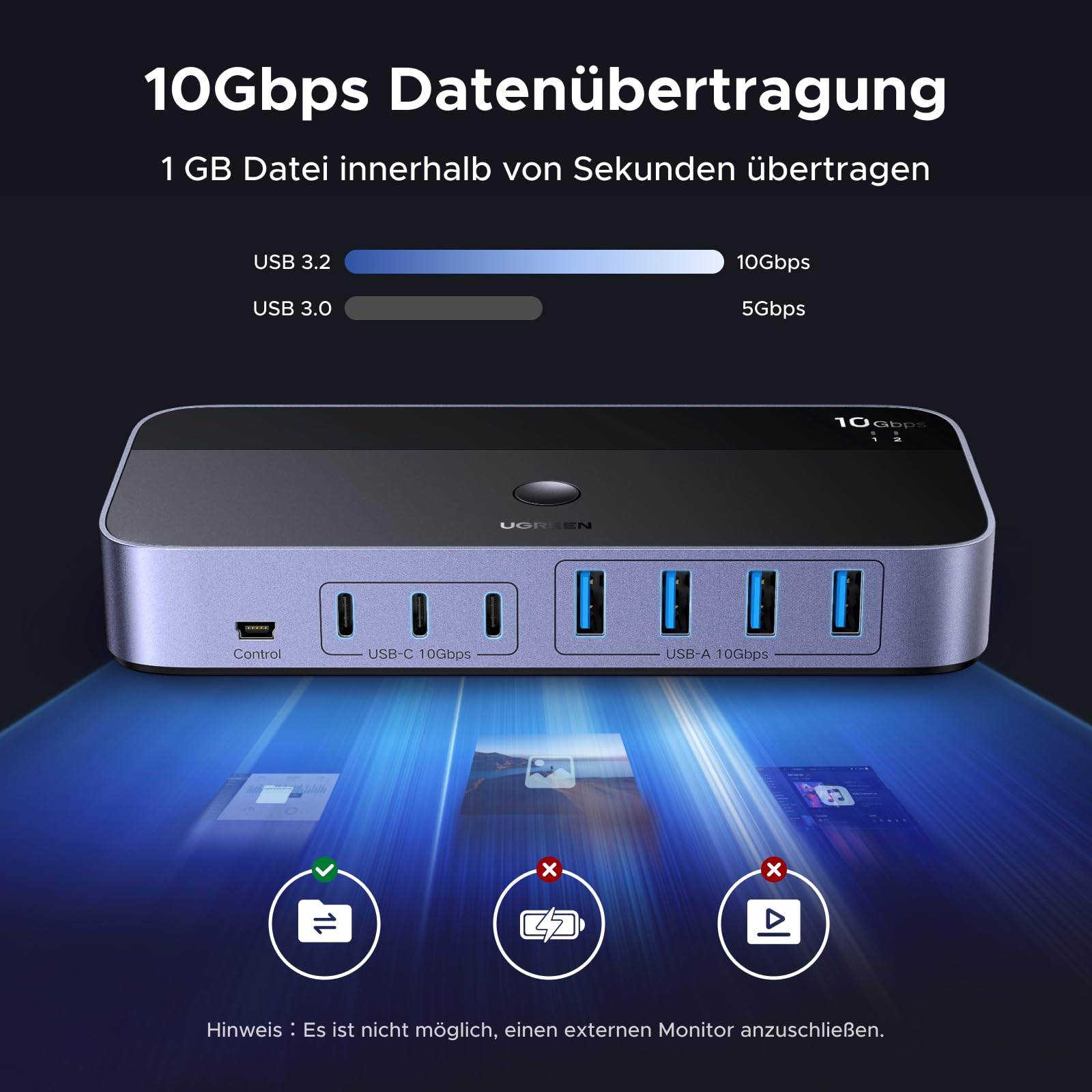 Hub USB Ugreen che mostra il confronto di velocità tra 10Gbps e 5Gbps.
