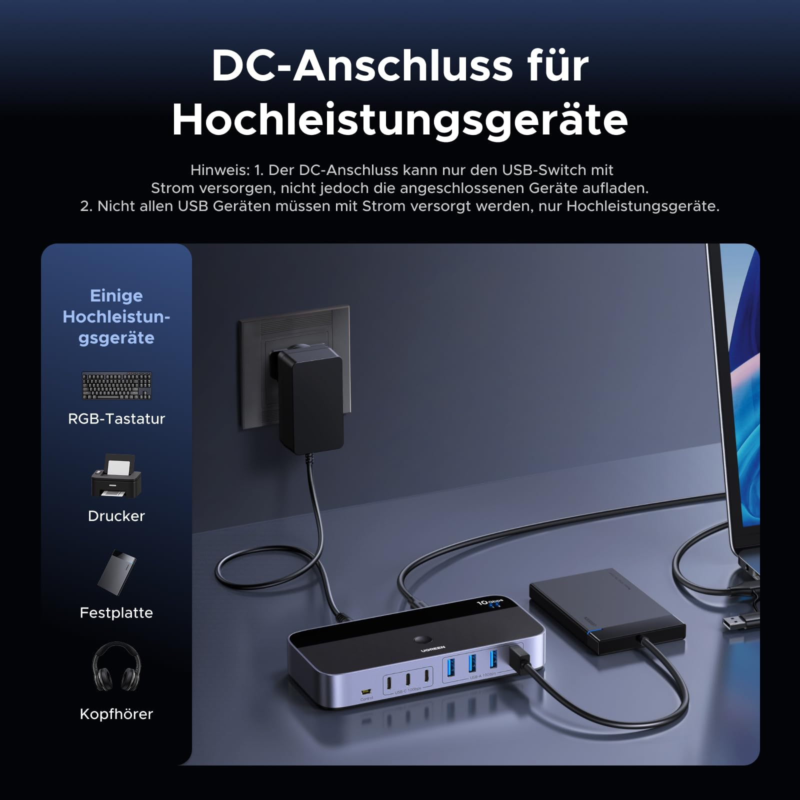 Porta DC per dispositivi ad alta potenza come tastiere, stampanti, hard disk e cuffie con switch USB.