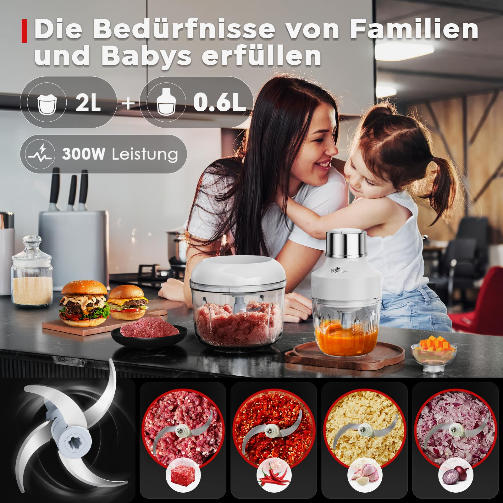 Mutter und Kind in einer Küche mit einem elektrischen Zerkleinerer, Lebensmitteln und Funktionssymbolen.