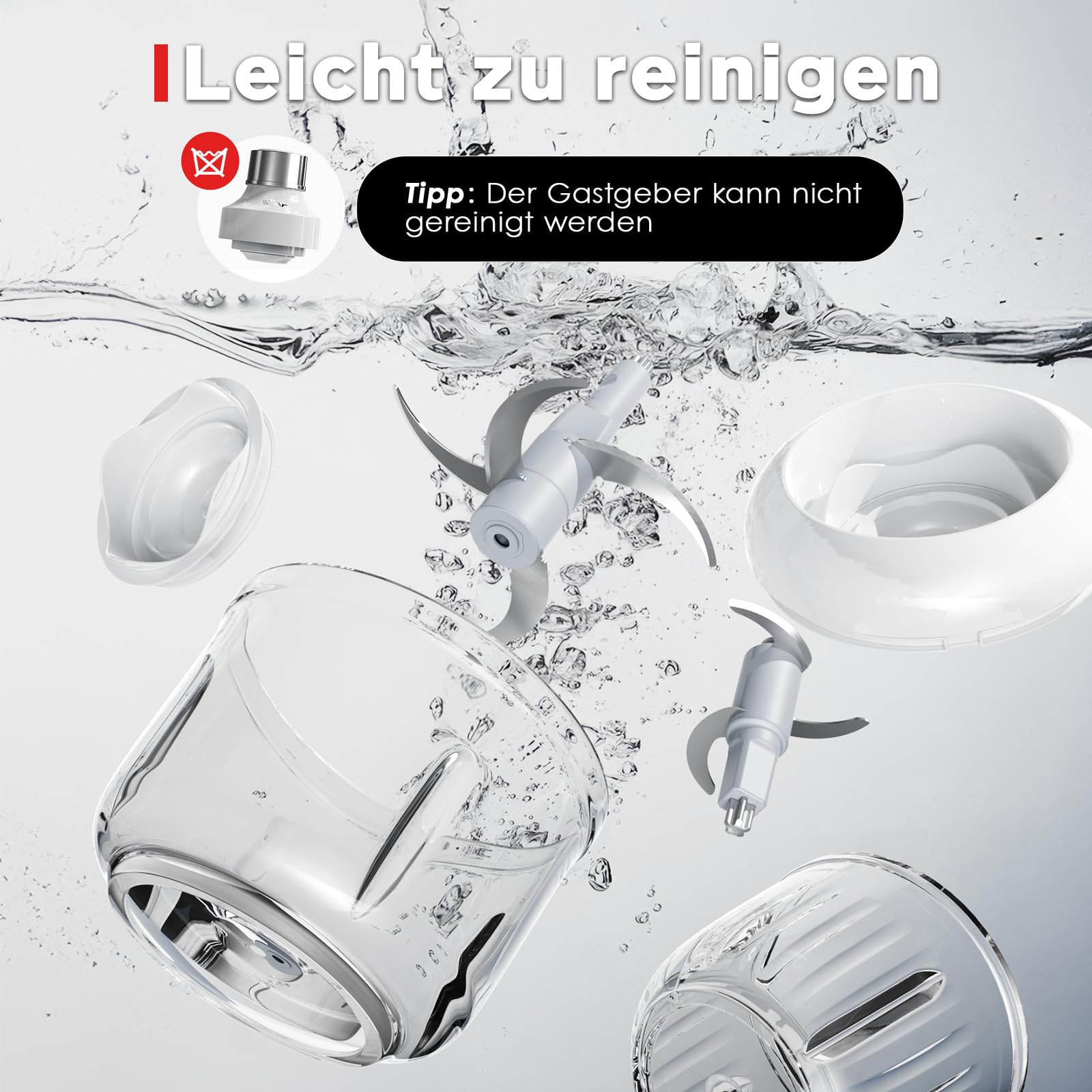 Zerlegte Teile eines elektrischen Zerkleinerers unter Wasser mit Text.