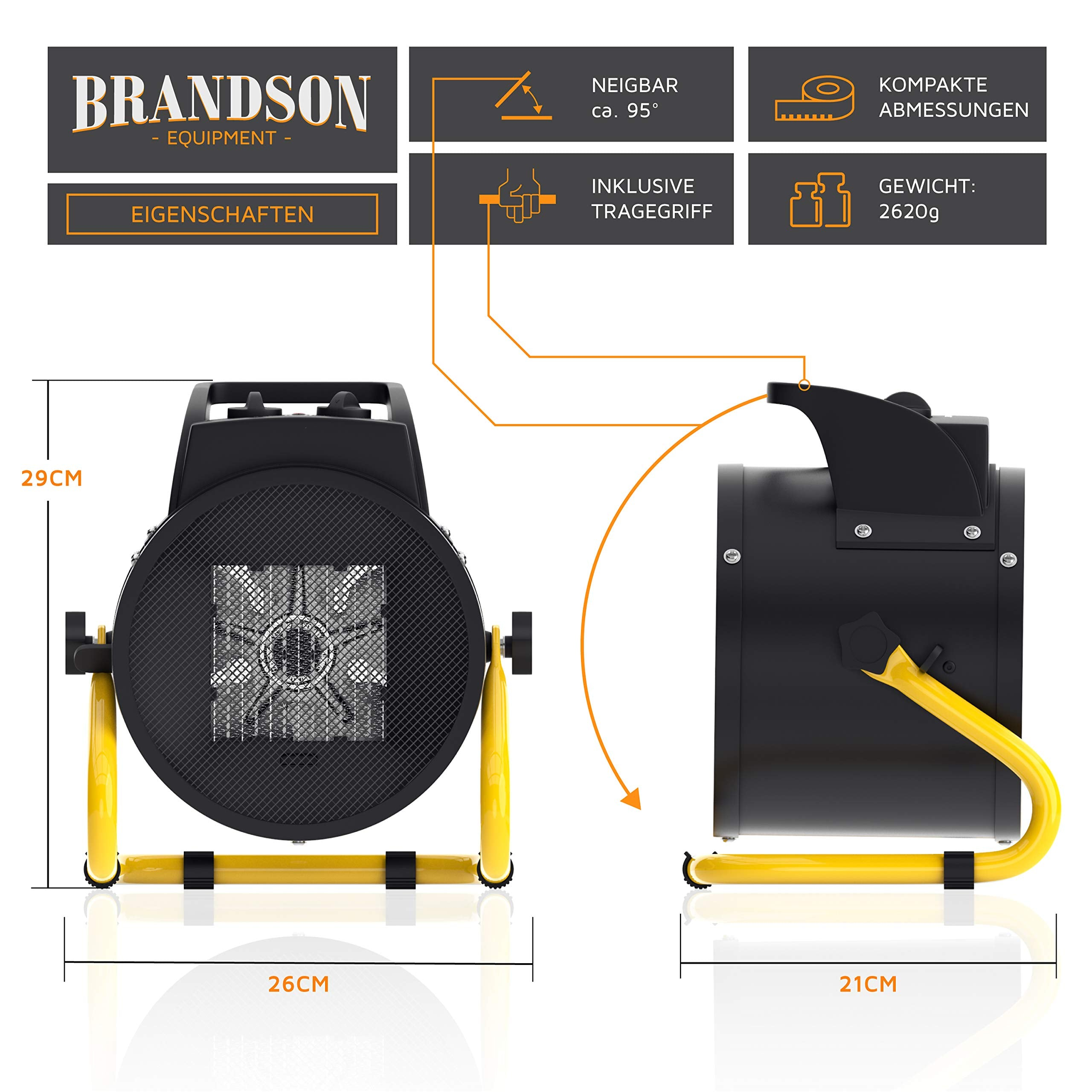 Schema tecnico di un termoventilatore Brandson nero con supporto giallo e dimensioni 29x26x21 cm.