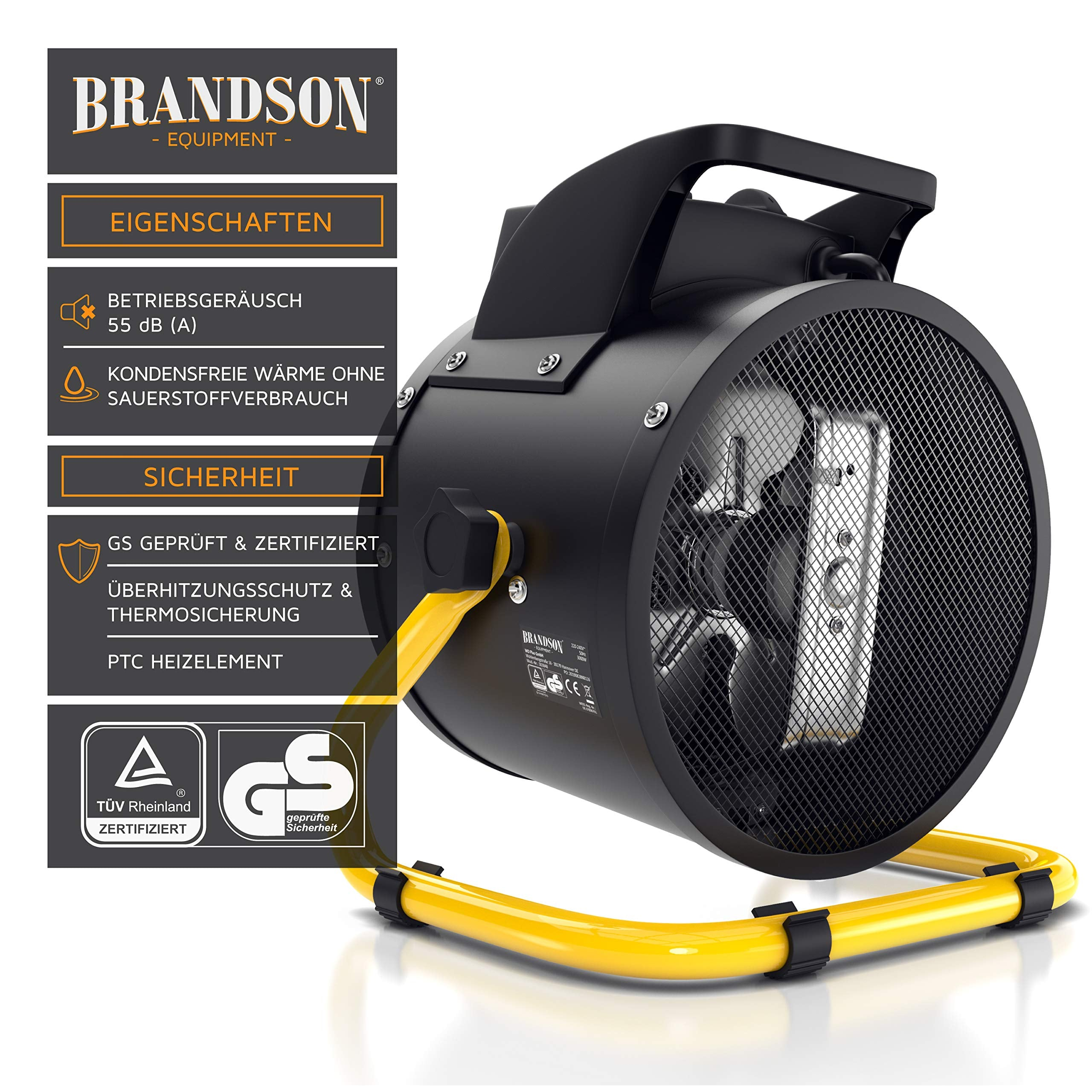 Termoventilatore nero Brandson con supporto giallo e testo a sinistra.