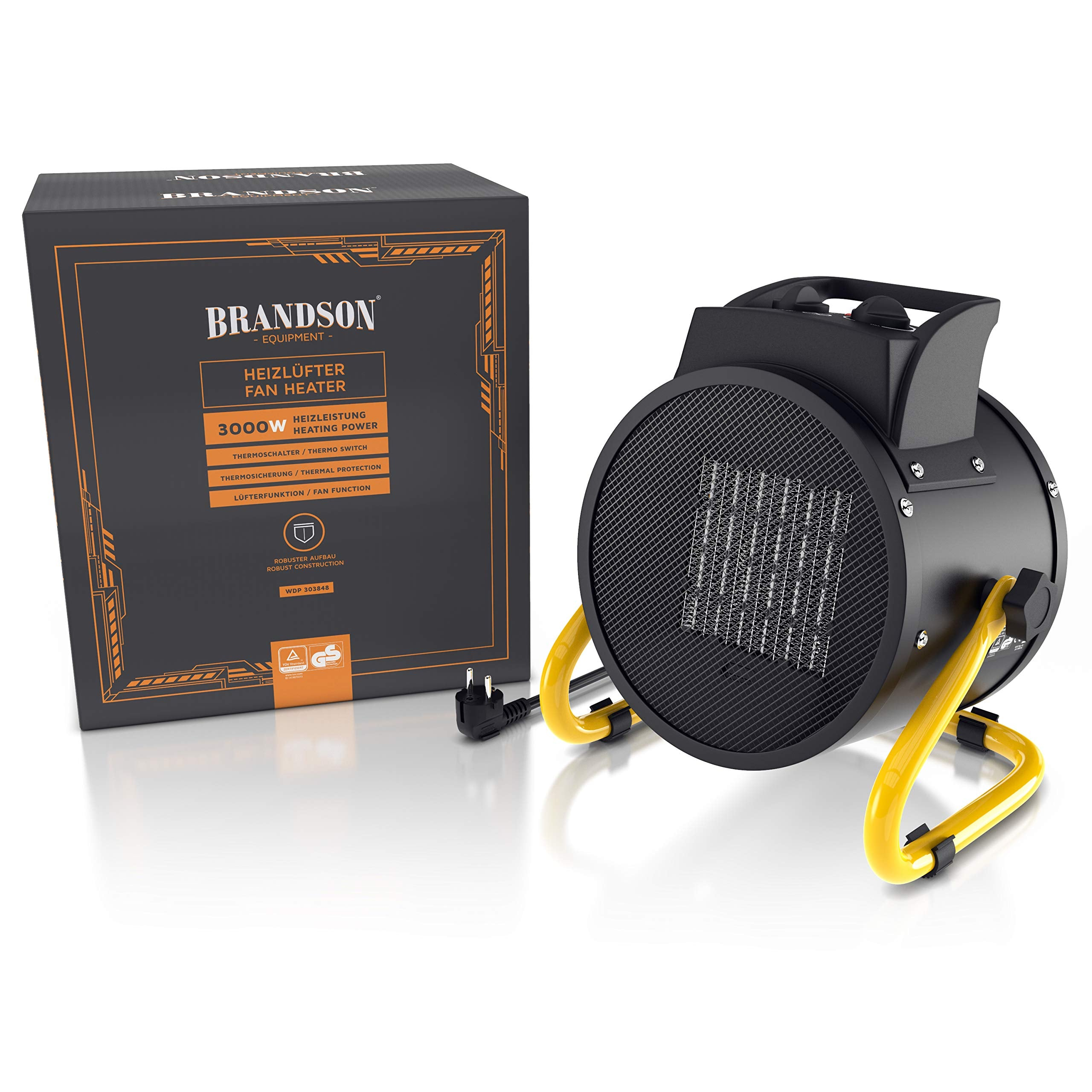 Un termoventilatore nero Brandson da 3000W con supporto giallo accanto alla sua scatola di imballaggio su sfondo bianco.