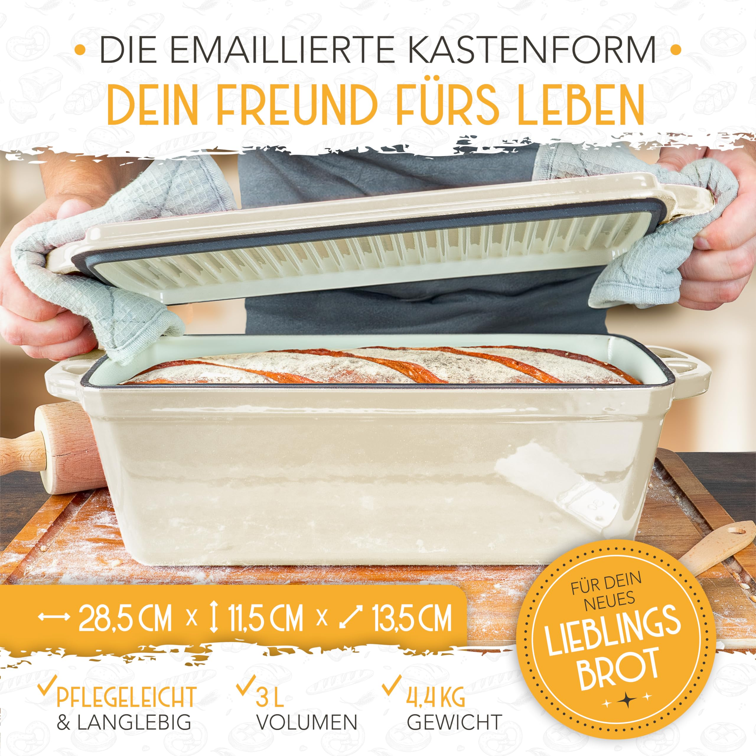 Enameled loaf pan with freshly baked bread, being opened with oven mitts on a wooden board.
