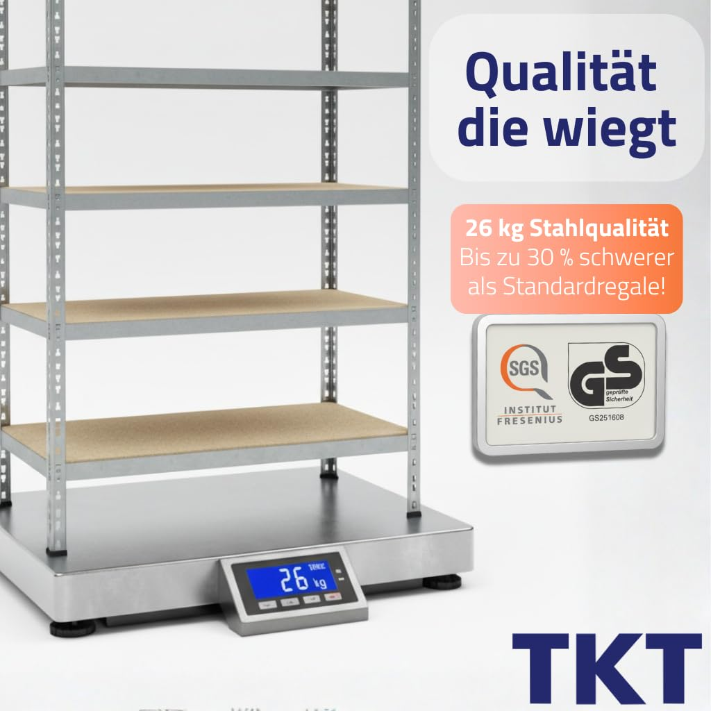 Ein Metallregal auf einer großen Digitalwaage zeigt 26 kg, mit Werbetext und Prüfsiegeln.