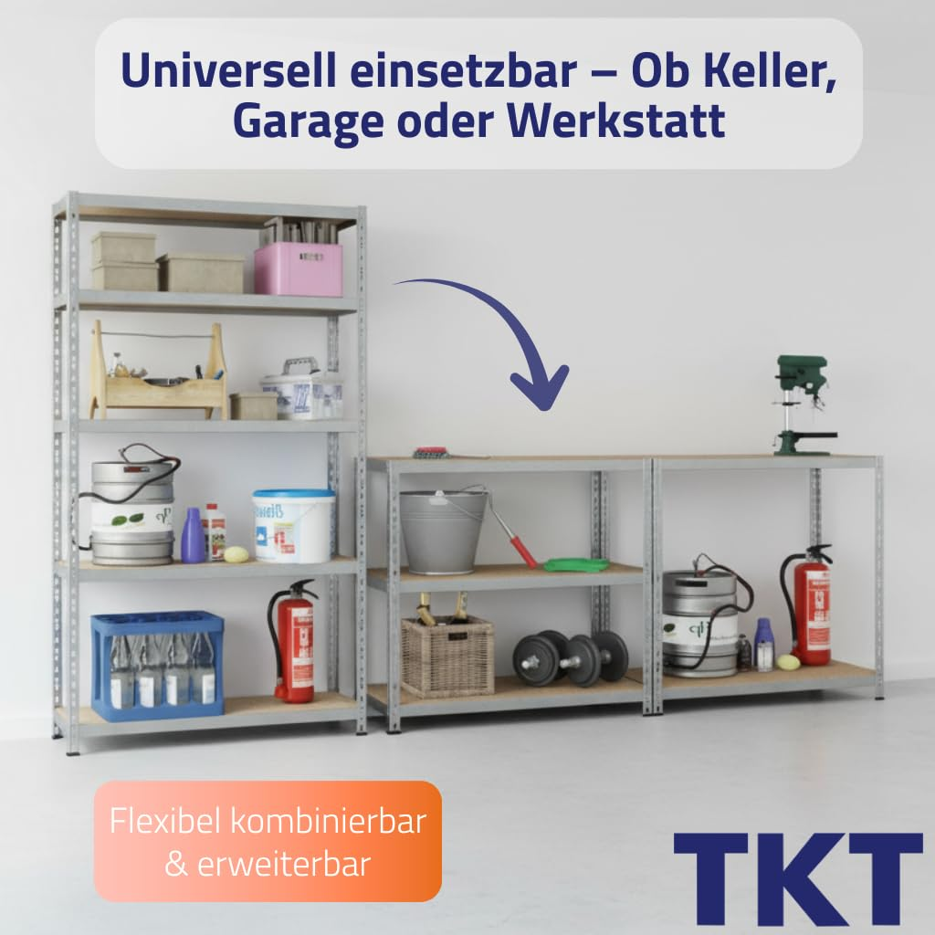 Metallregale für Keller und Garage mit diversen Werkzeugen, Boxen, Eimern und Flaschen.