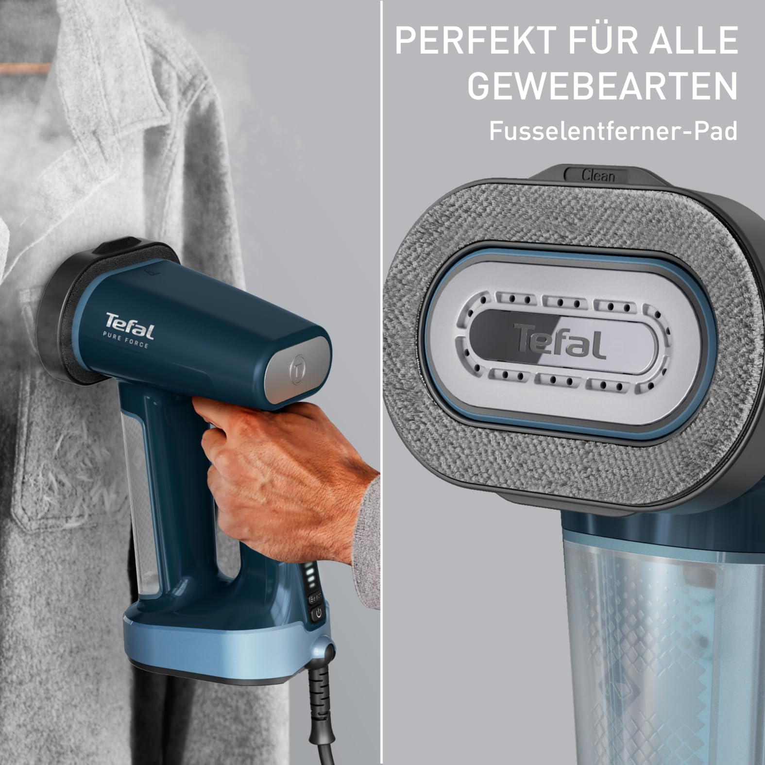 Eine Hand hält einen Tefal-Handdampfglätter an einem grauen Mantel, mit Nahaufnahme des Fusselentferner-Pads.