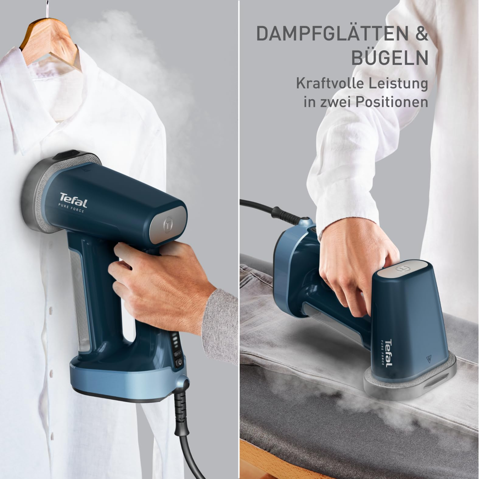 Blauer Tefal Handdampfgarer im Einsatz beim senkrechten Dampfen und waagerechten Bügeln.