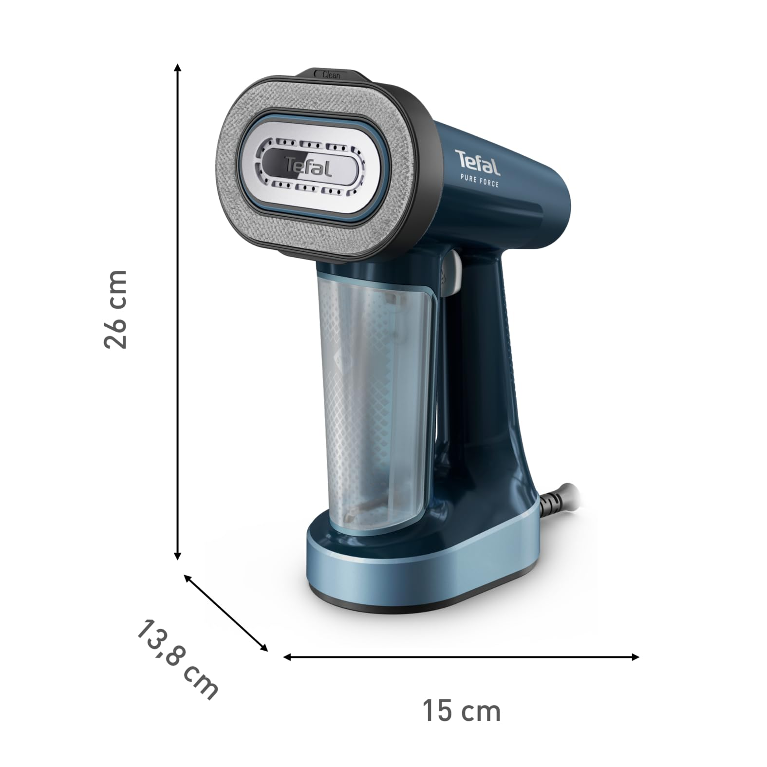 Dunkelblauer Tefal Handdampfgarer mit Wassertank und Bemaßungen von 26 cm Höhe und 15 cm Breite.