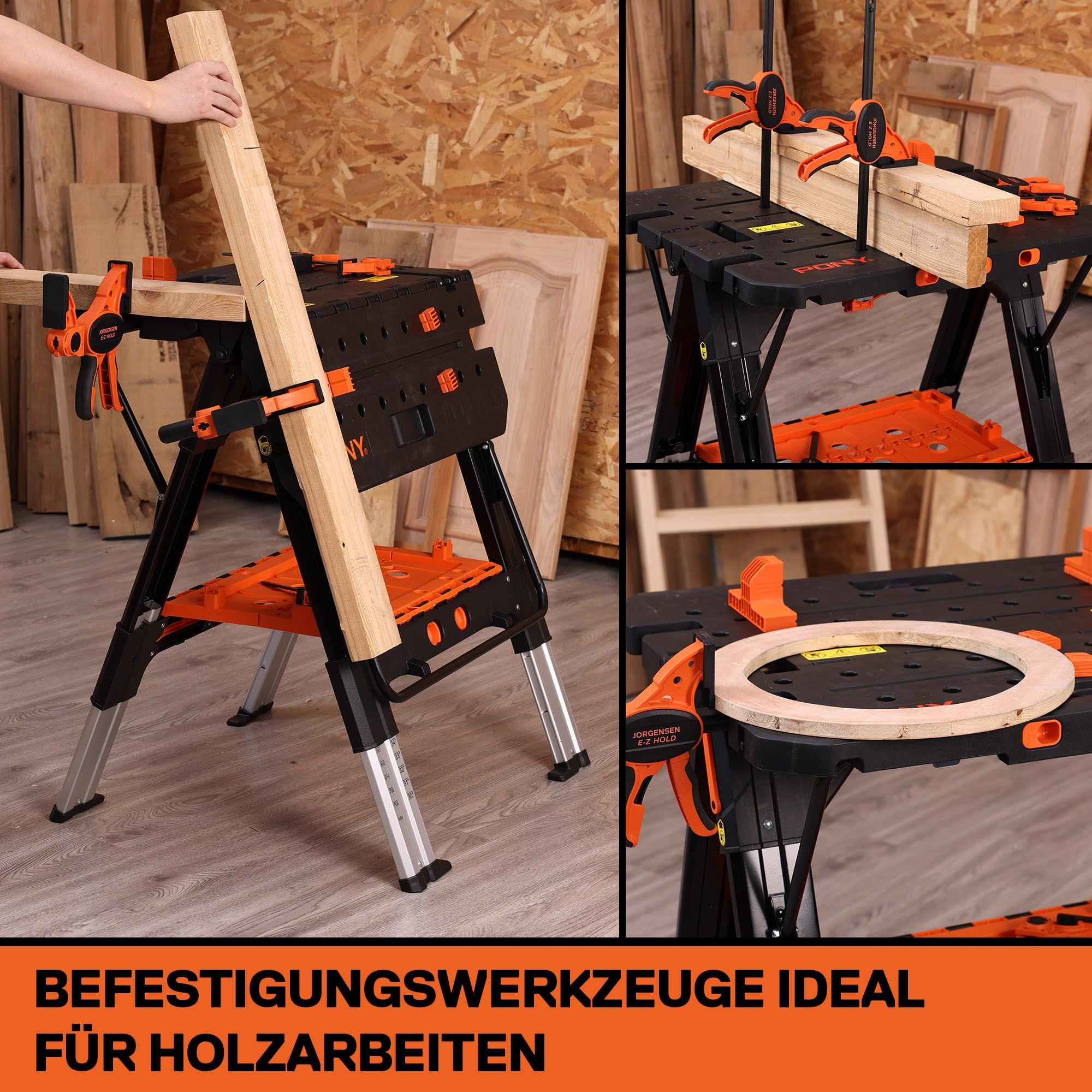 Eine schwarze Werkbank mit orangefarbenen Klemmen hält verschiedene Holzstücke in drei Ansichten.