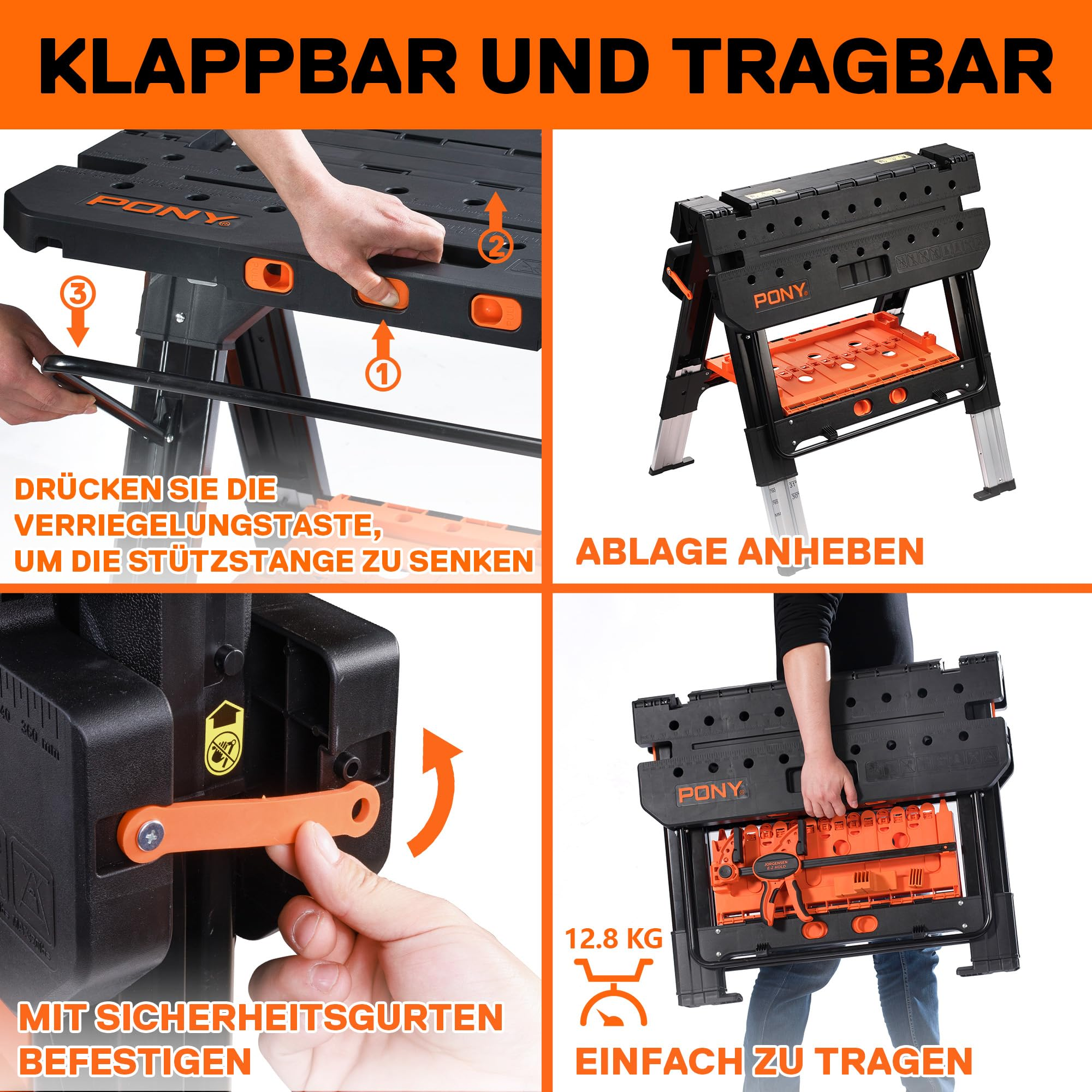Vier Bilder zeigen die Funktionen einer tragbaren Pony-Werkbank, einschließlich Aufbau und Transport.