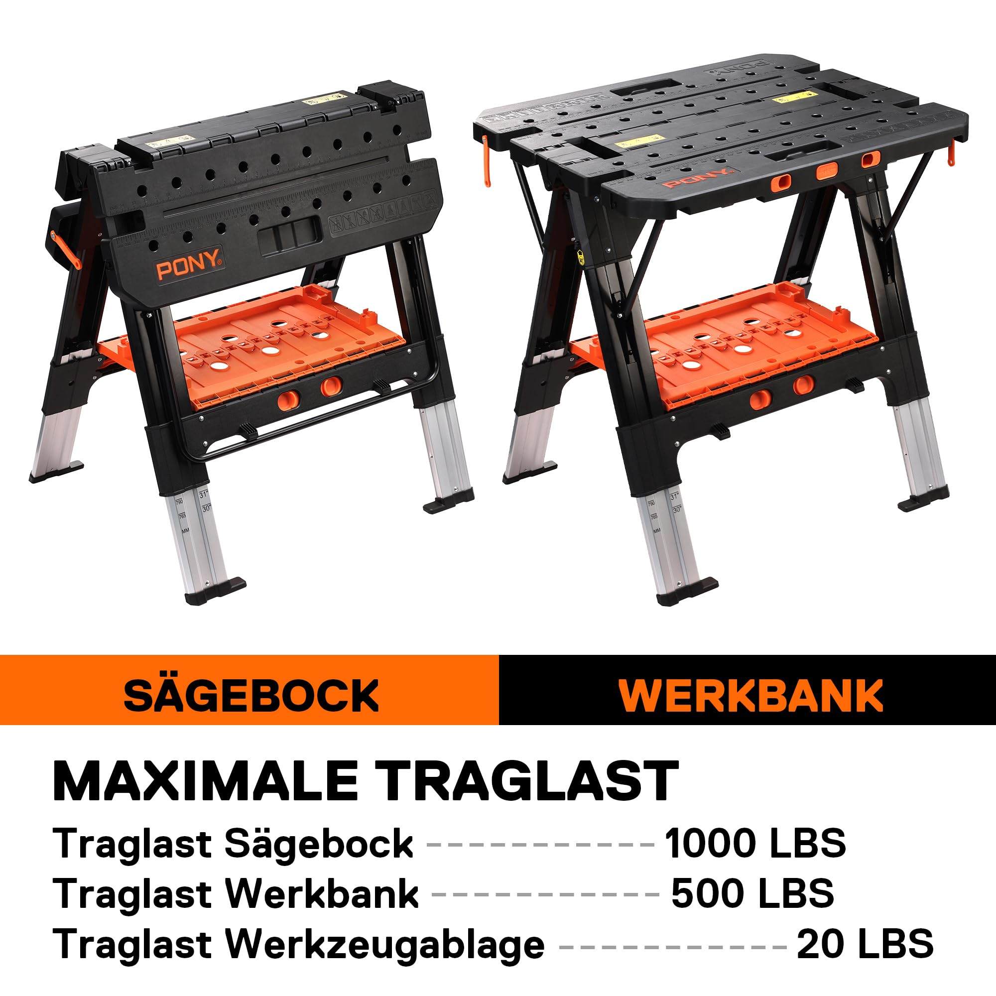 Zwei schwarze tragbare Arbeitstische mit orangen Akzenten, konfiguriert als Sägebock und Werkbank mit Gewichtsangaben.