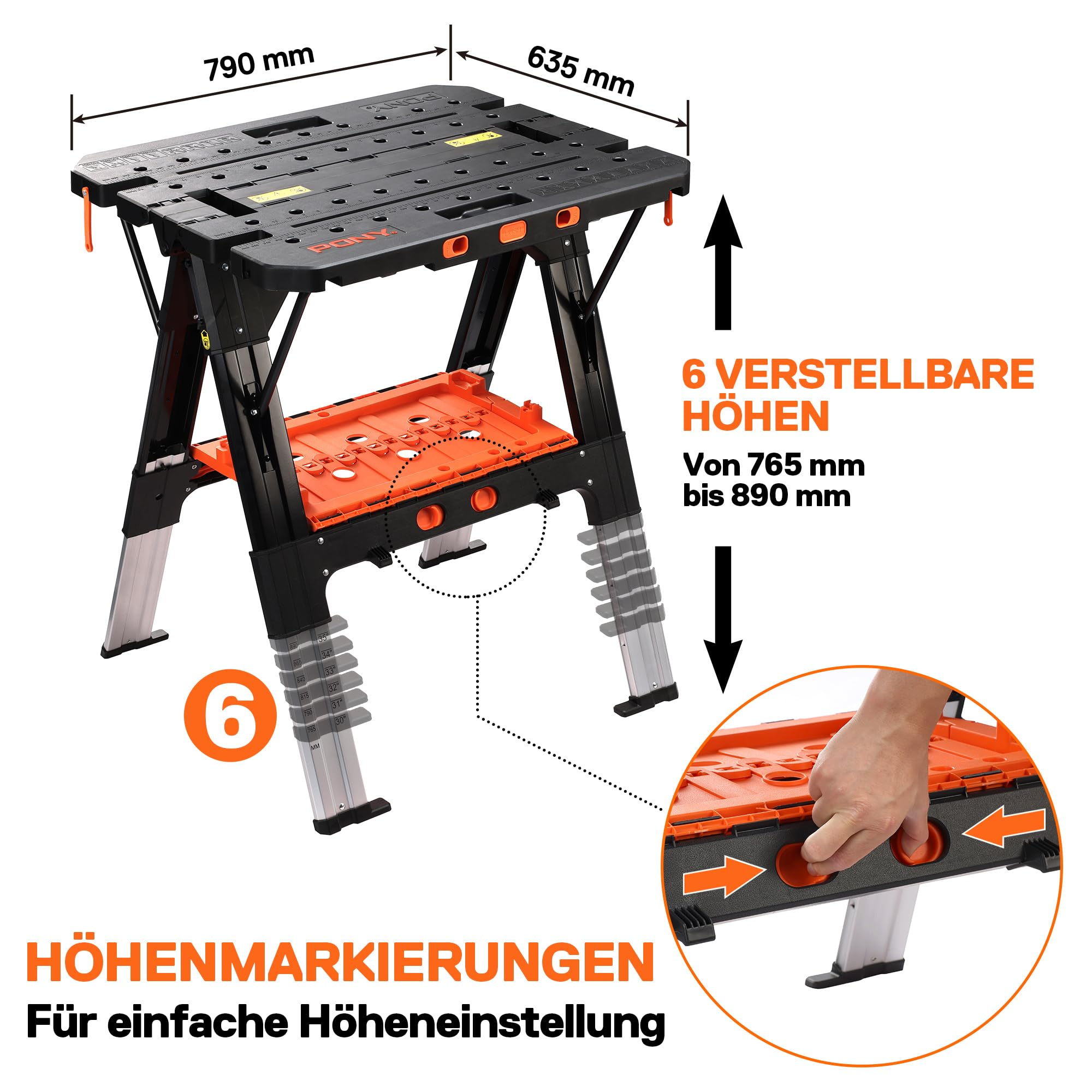 Verstellbare Werkbank mit Maßen, sechs Höhen und einer Hand, die die Höhe einstellt.