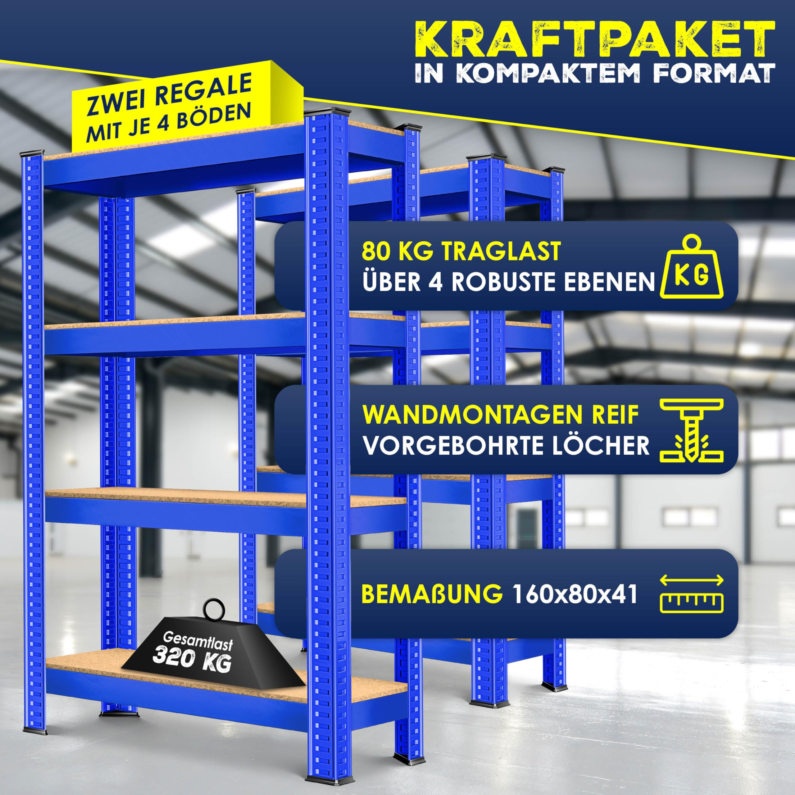 Zwei blaue Schwerlast-Metallregale mit je vier Holzböden in einer Lagerhalle.