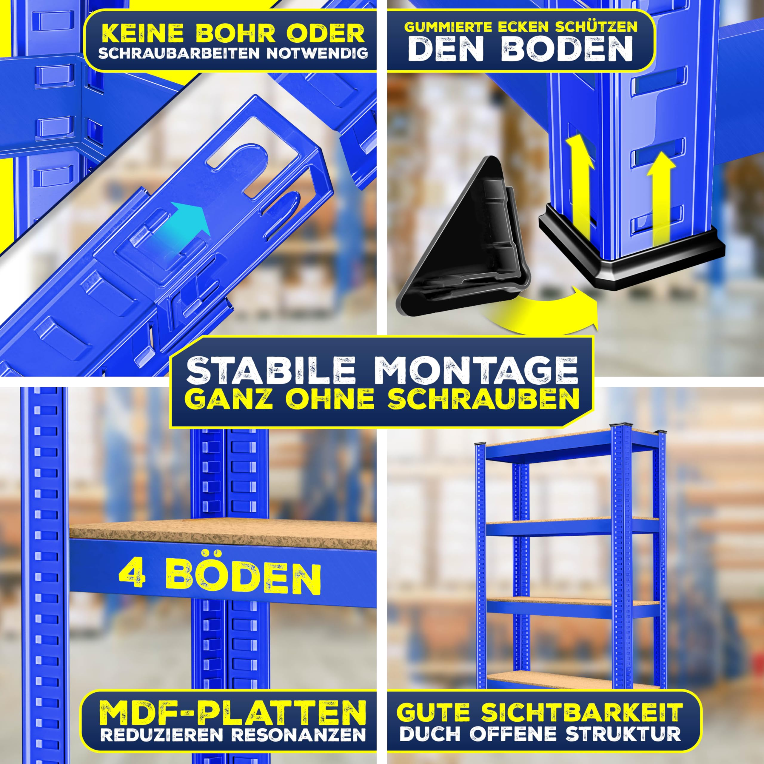 Blaue Steckregale mit MDF-Platten und Schutzfüßen im Detail.