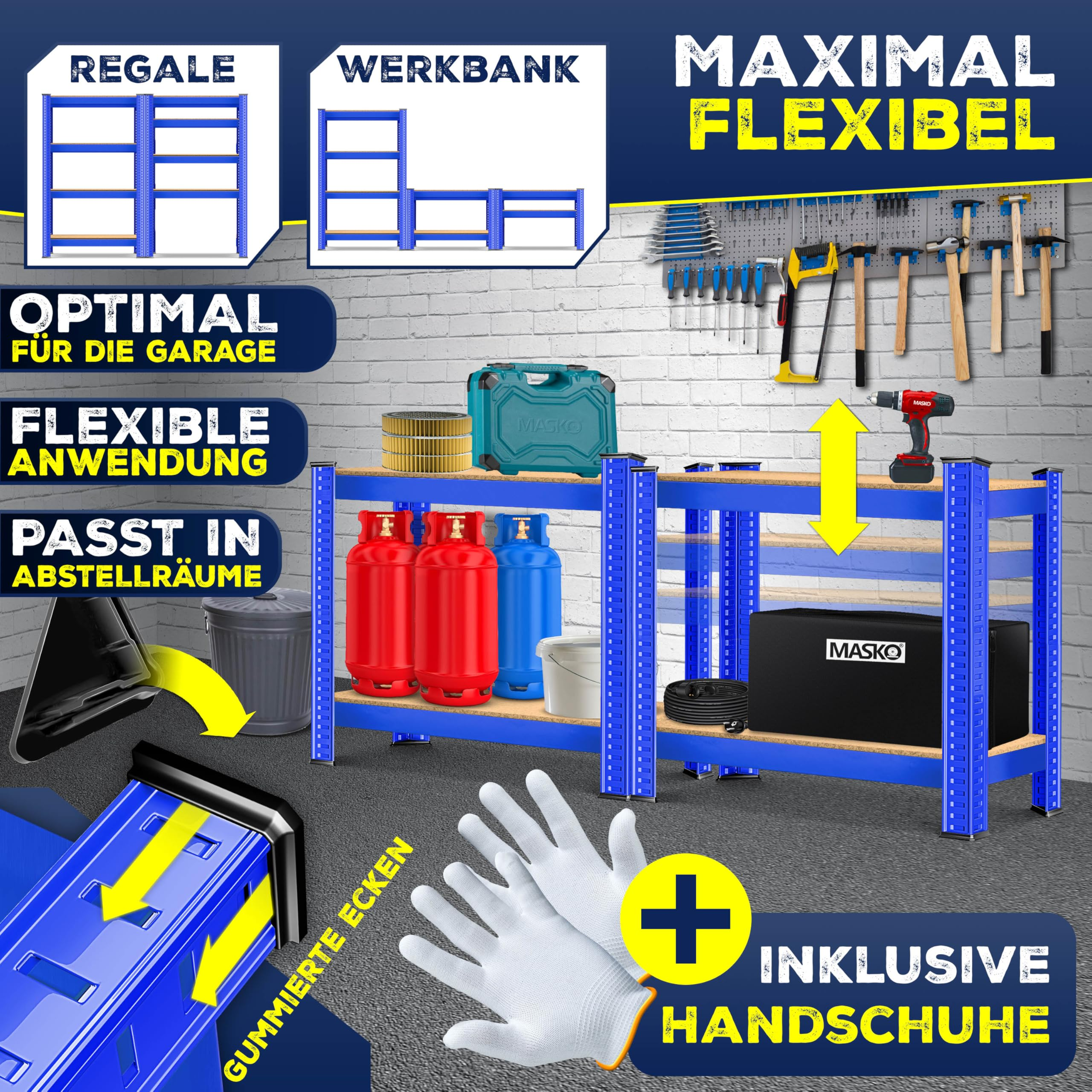 Blaue Metallregale mit Werkzeug, Gasflaschen, Koffer und Handschuhen auf einer Ziegelwand.
