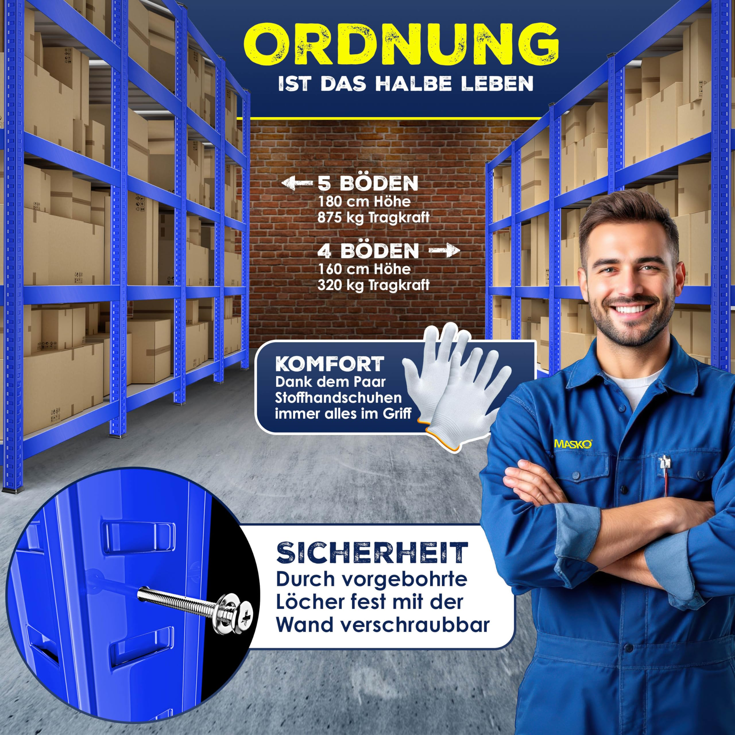 Ein lächelnder Arbeiter vor blauen Regalen und Kartons in einem Lager, mit Infotexten.