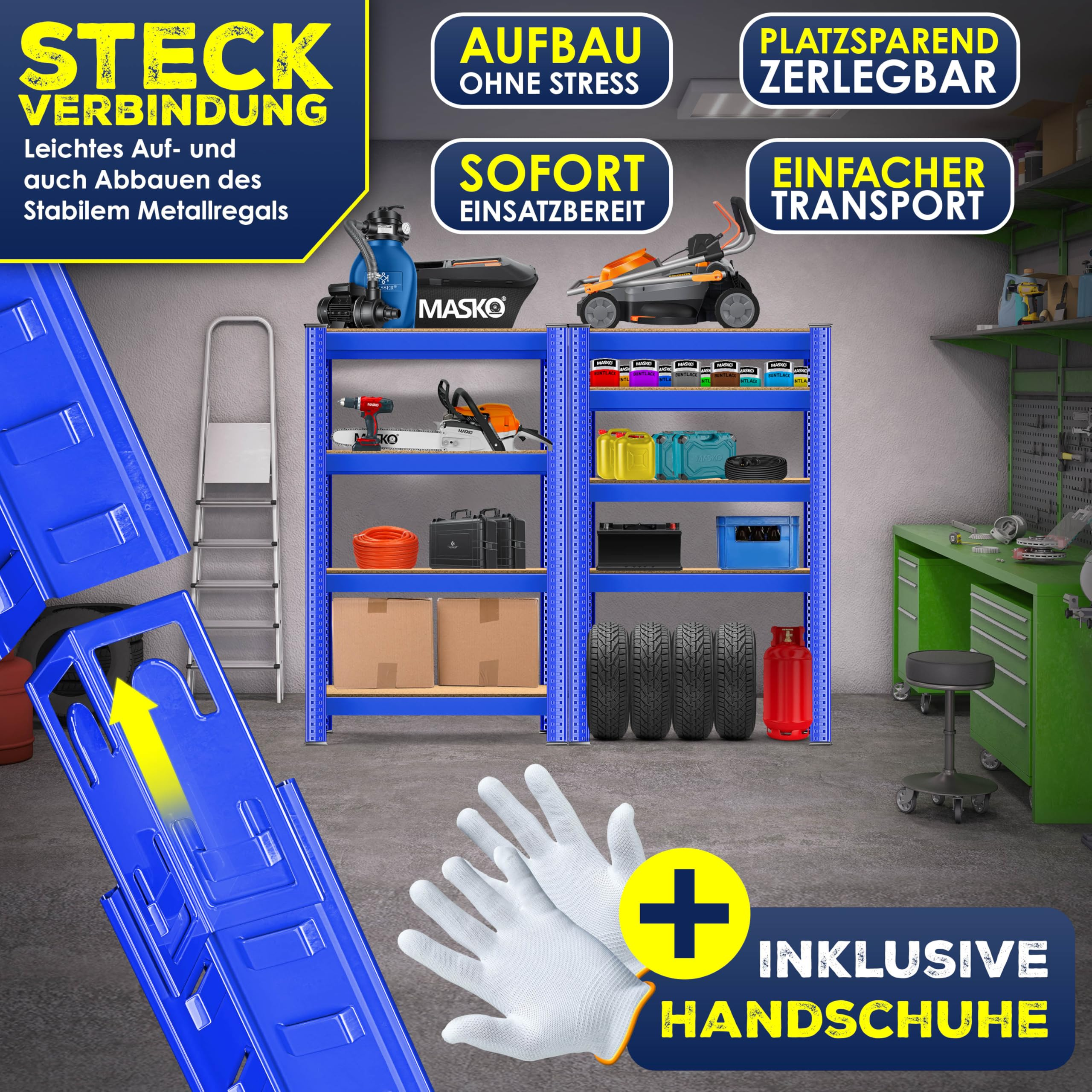 Blaue Metallregale in Garage mit Werkzeugen, Reifen und Kartons. Inklusive Handschuhen.