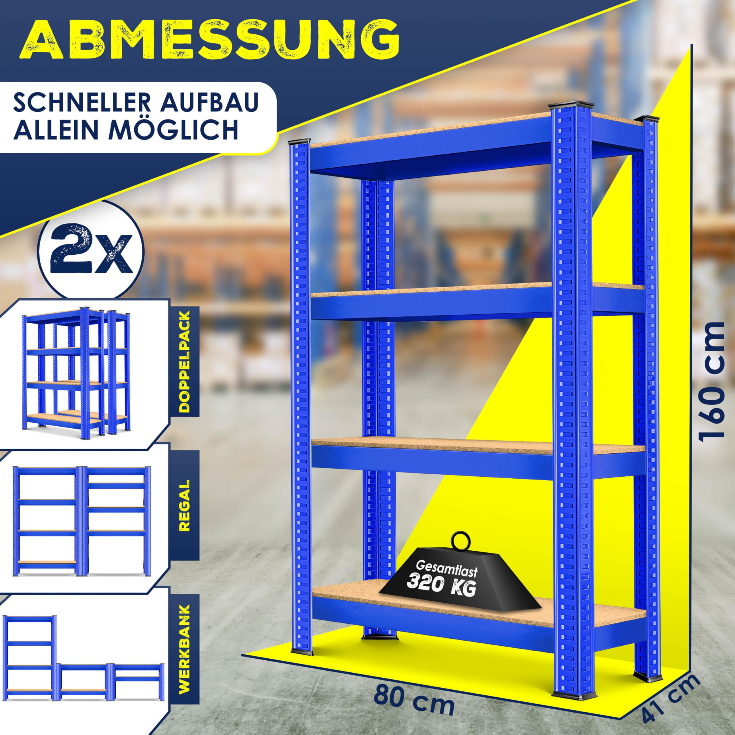 Ein blaues Schwerlastregal mit Holzregalböden vor einem verschwommenen Lagerhintergrund.