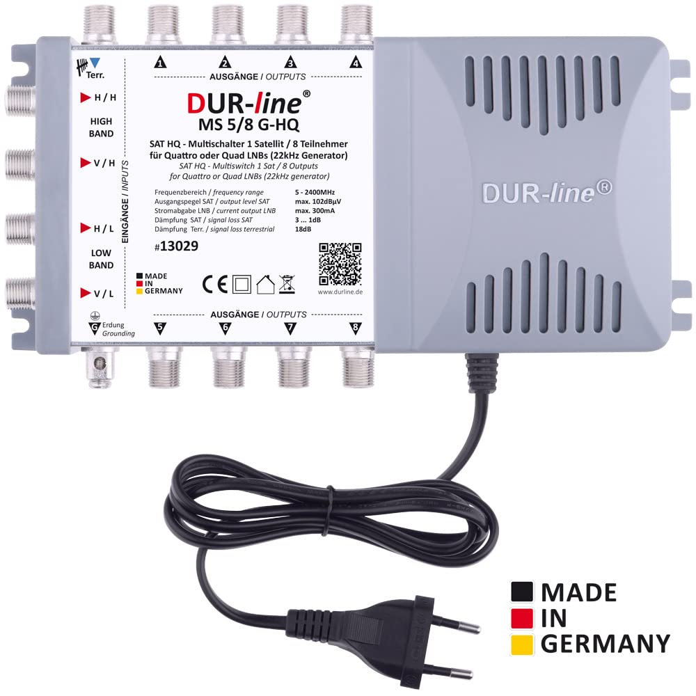 Commutateur multi DUR-line MS 5/8 G-HQ gris avec ports, câble d'alimentation et logo Made in Germany.