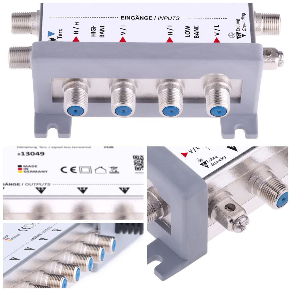 Une image composite montrant un multiswitch satellite argenté avec des ports de câble coaxial et des étiquettes.