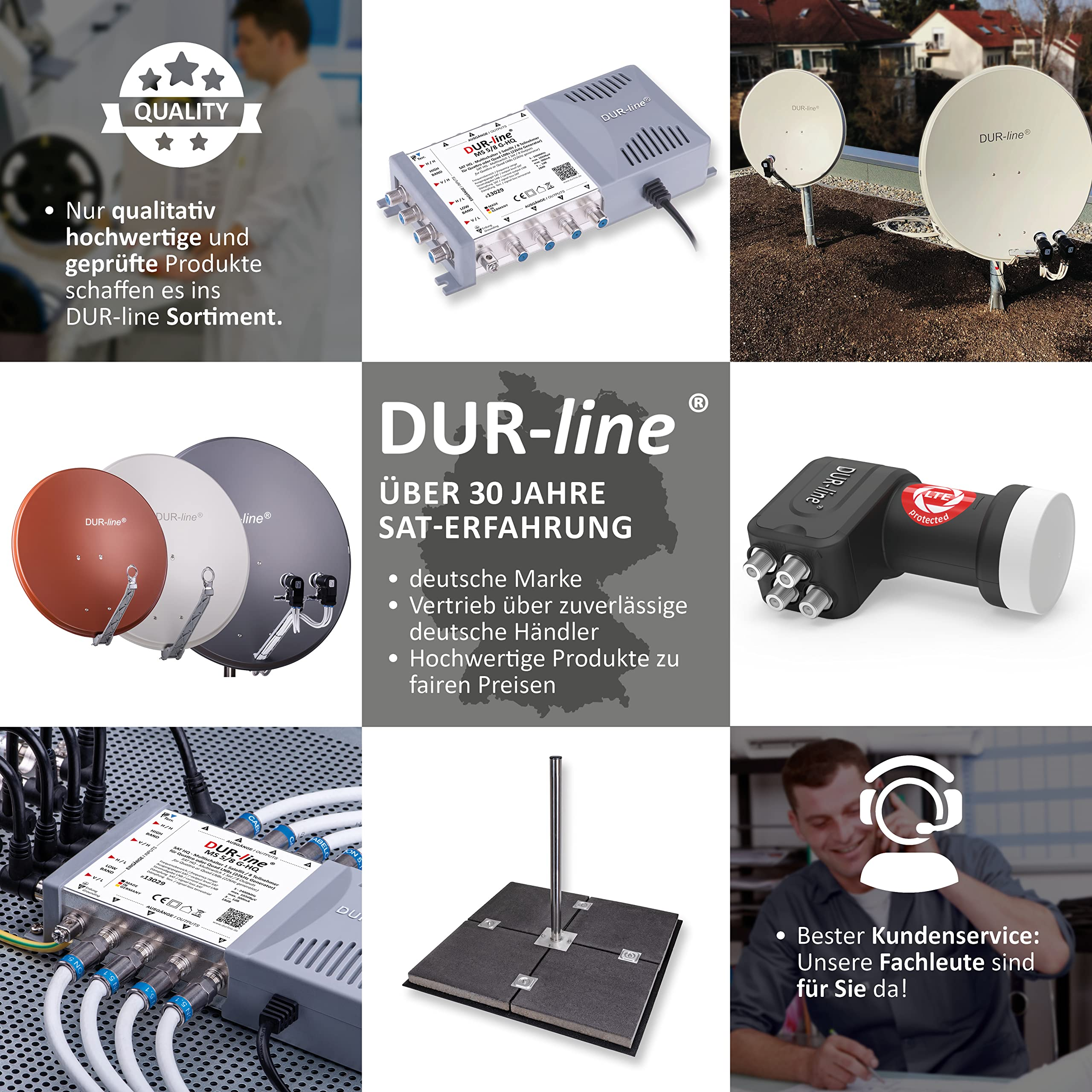Montage de produits DUR-line tels que paraboles, LNB et commutateurs avec du texte publicitaire.