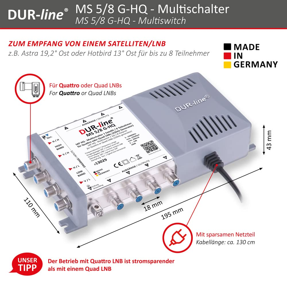 Multiswitch DUR-line MS 5/8 G-HQ avec ports étiquetés, dimensions et texte explicatif.