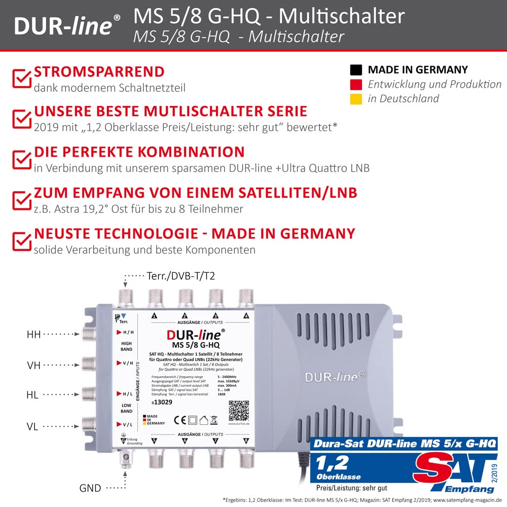 Commutateur multiple DUR-line MS 5/8 G-HQ avec détails techniques et texte publicitaire.