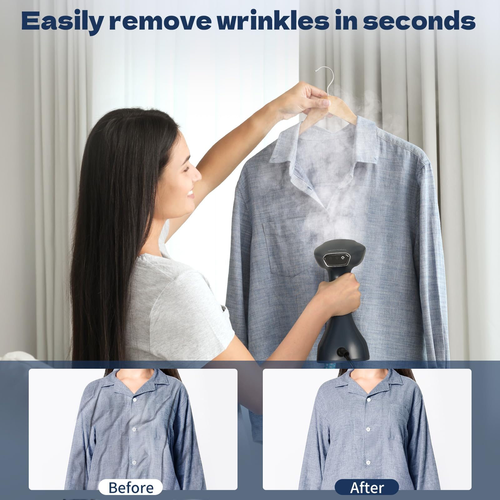 Une femme défroisse une chemise bleue avec un steamer, montrant un avant-après.