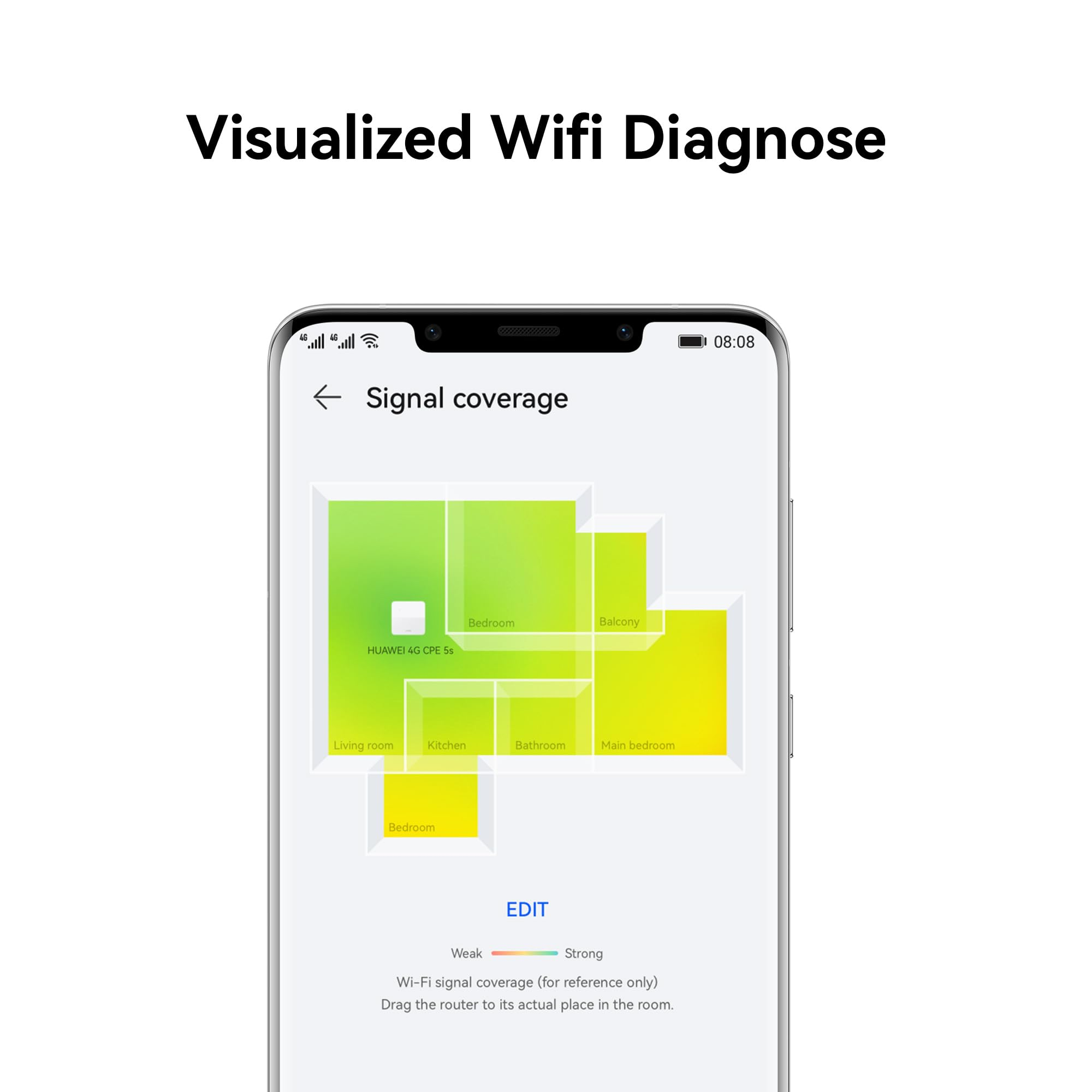 Schermo dello smartphone mostra la copertura del segnale Wi-Fi di una piantina.