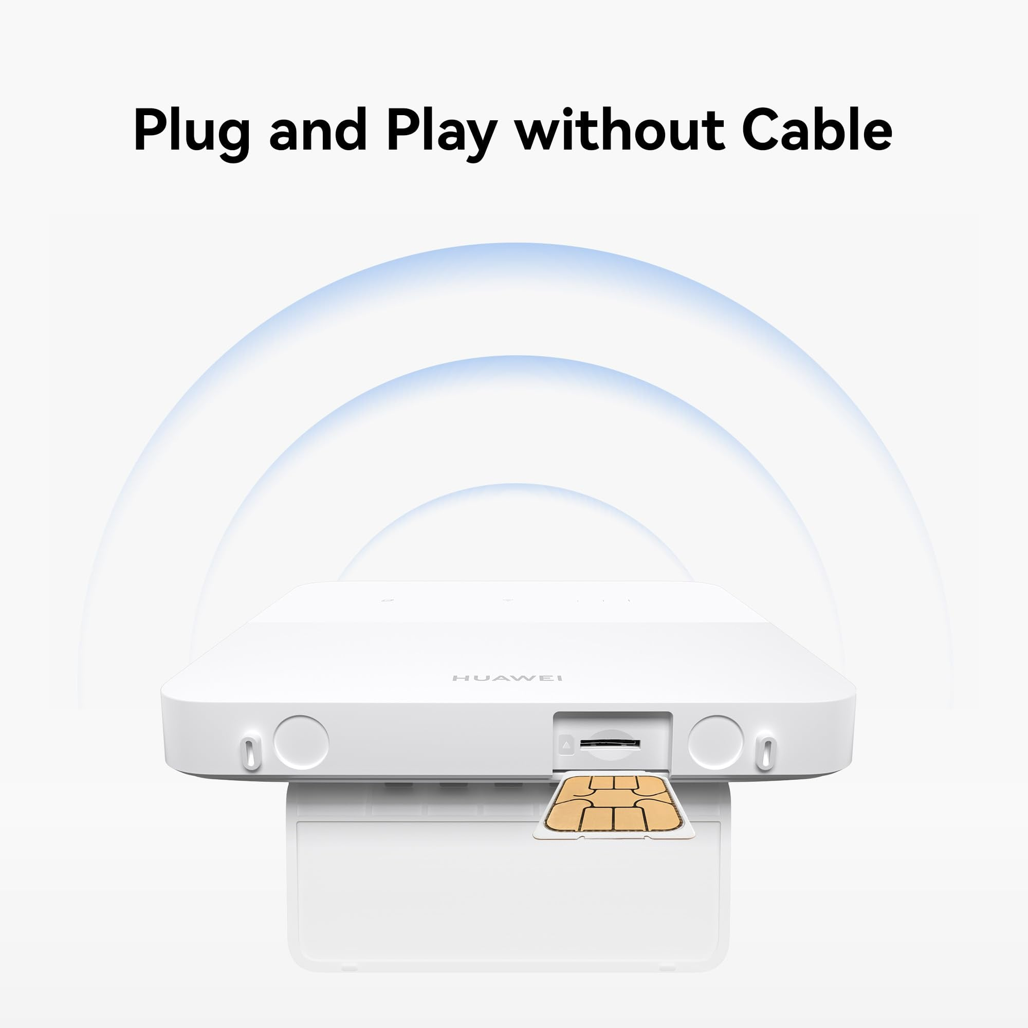 Un router bianco Huawei con una scheda SIM inserita e onde di segnale blu sullo sfondo.