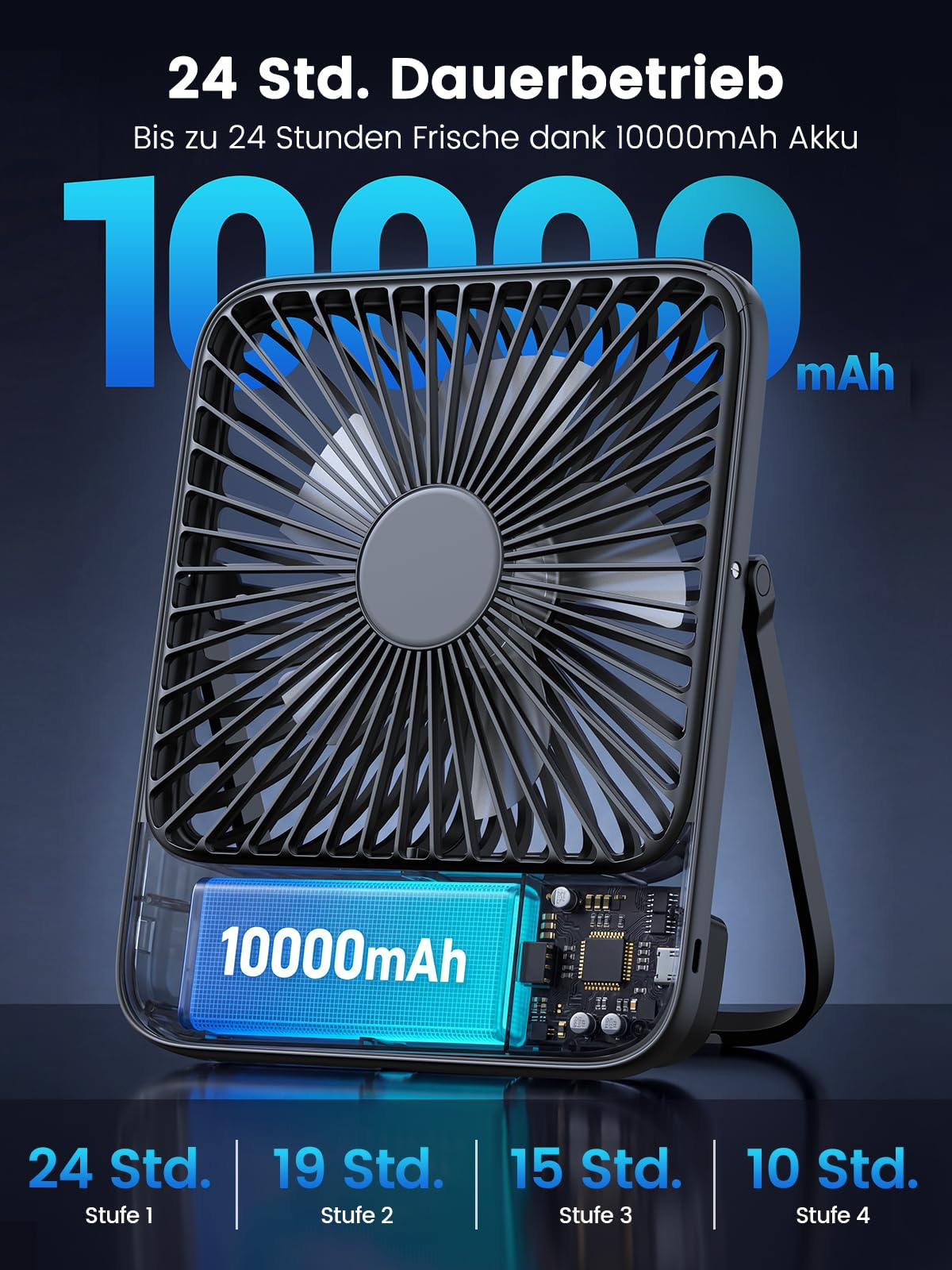Ventilatore da tavolo nero con batteria visibile da 10000mAh e testo sull'autonomia su sfondo blu.