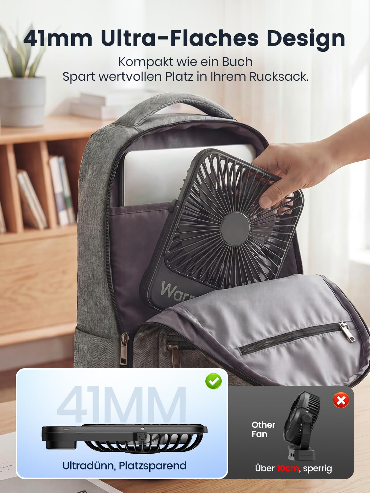 Un ventilatore nero sottile e portatile viene riposto in uno zaino grigio.
