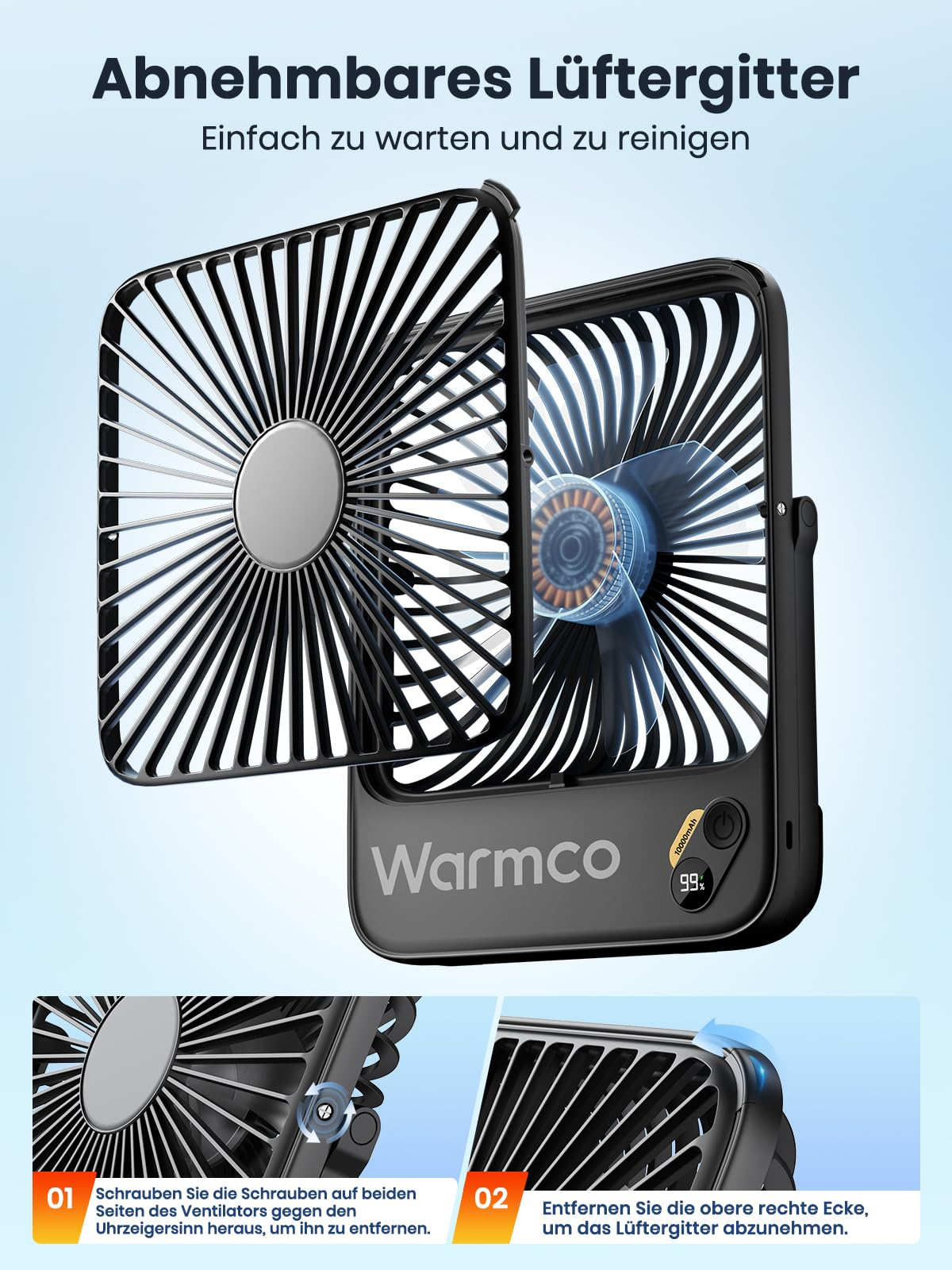 Ventilatore da tavolo Warmco con griglia rimovibile e due passaggi di istruzioni in basso su sfondo blu.
