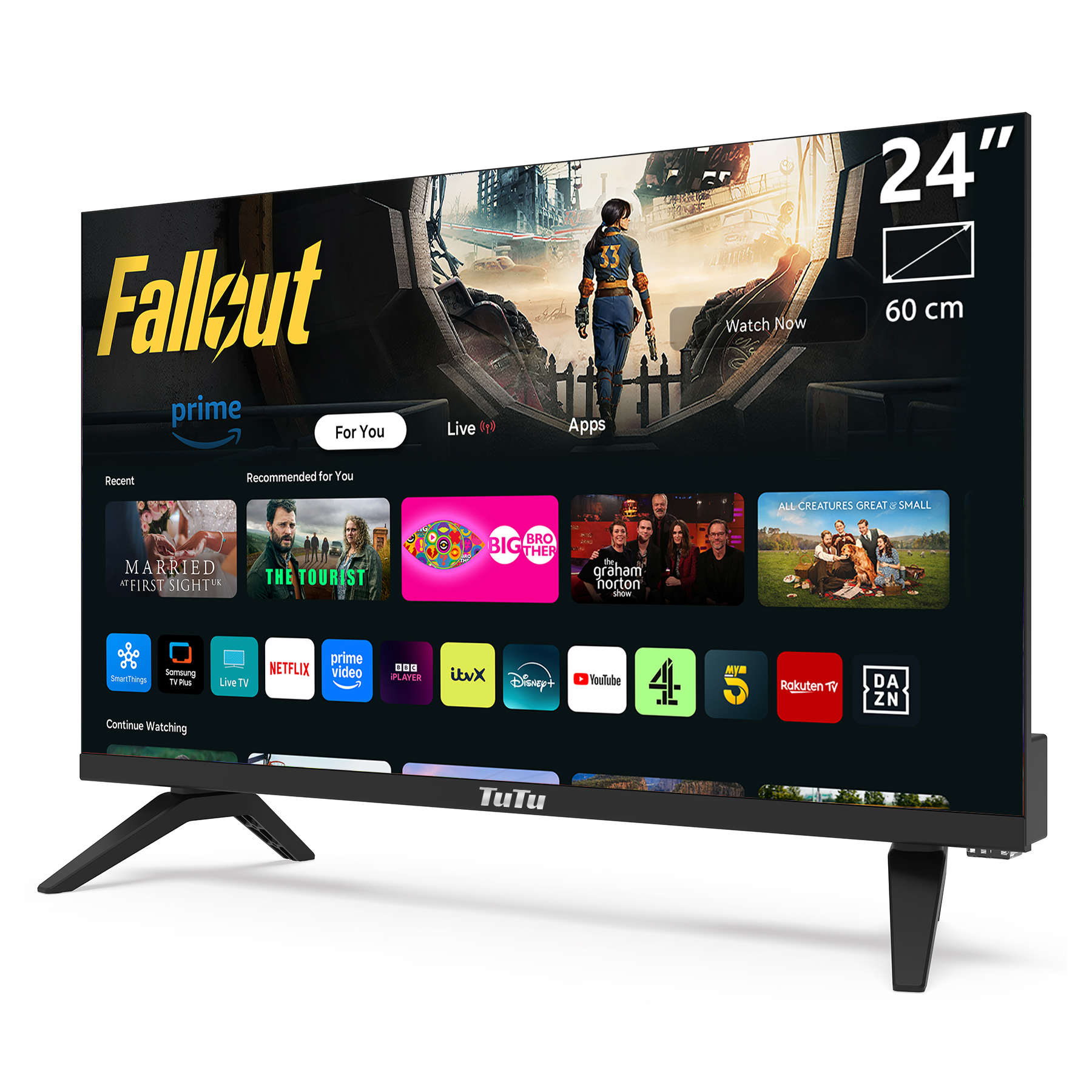 Ein 24-Zoll-Smart-TV von TuTu zeigt die Startseite der Prime Video App mit verschiedenen Streaming-Diensten.