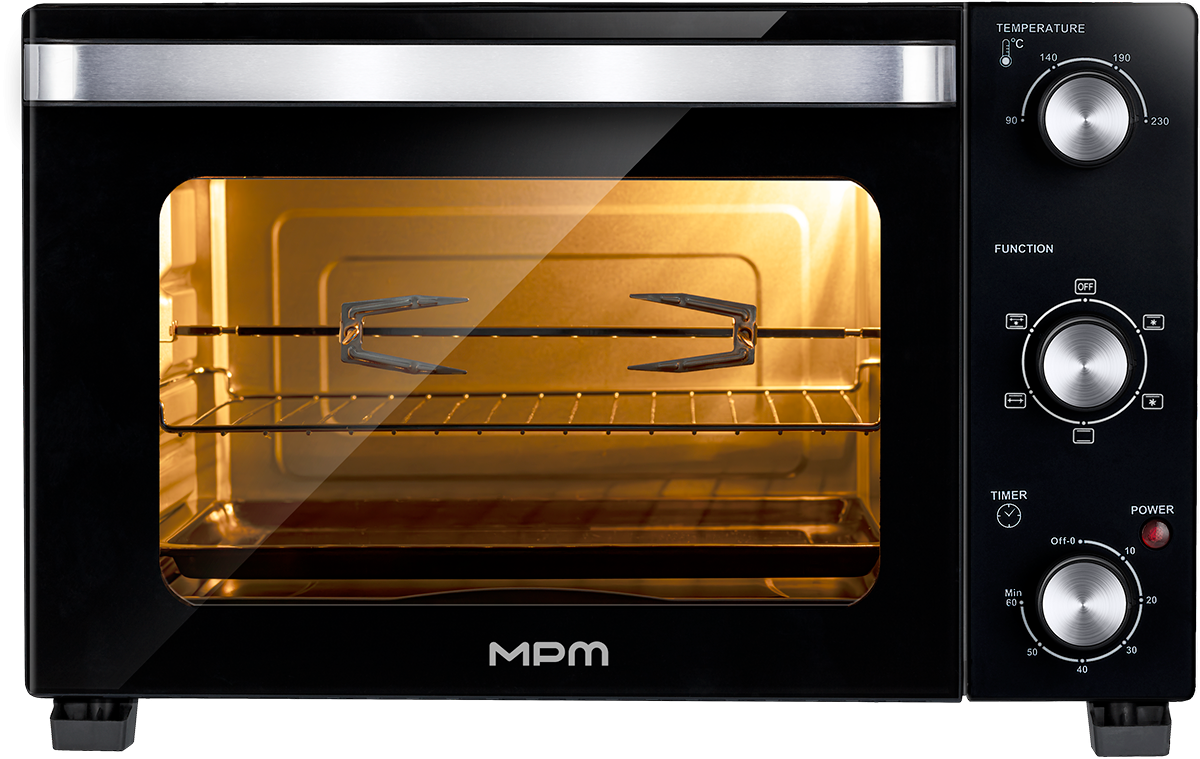 Un mini forno MPM nero con tre manopole argentate e interno illuminato con girarrosto.