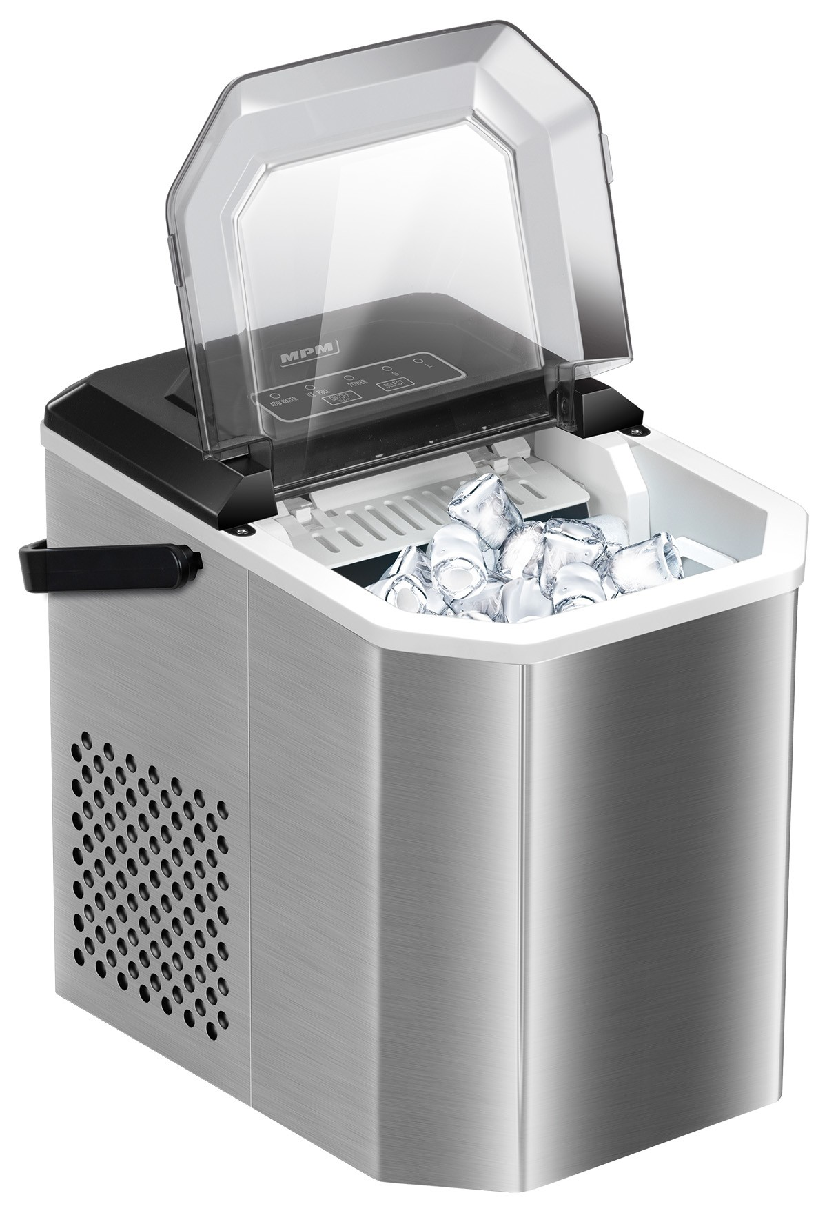 Ein silberner Eisbereiter mit schwarzem Deckel zeigt einen Korb voller Eiswürfel.