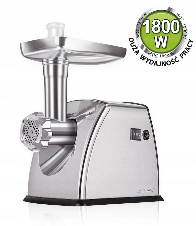 Picadora de carne plateada con bandeja de metal e interruptores laterales, marcada con 1800W.