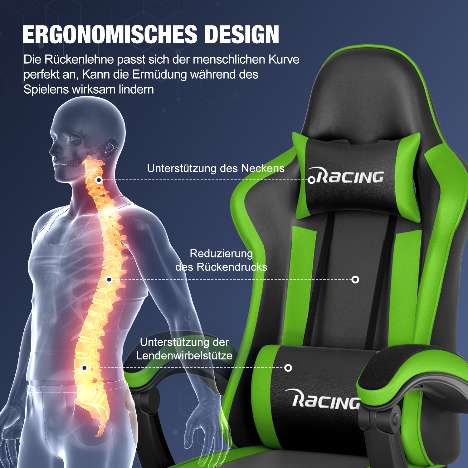 Ergonomisches Design eines Gaming-Stuhls mit Erläuterung zur Wirbelsäulenunterstützung und Druckminderung.