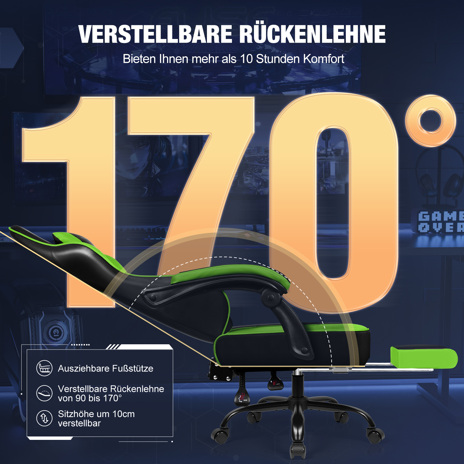 Ein schwarz-grüner Gaming-Stuhl mit einer um 170 Grad verstellbaren Rückenlehne und Fußstütze.