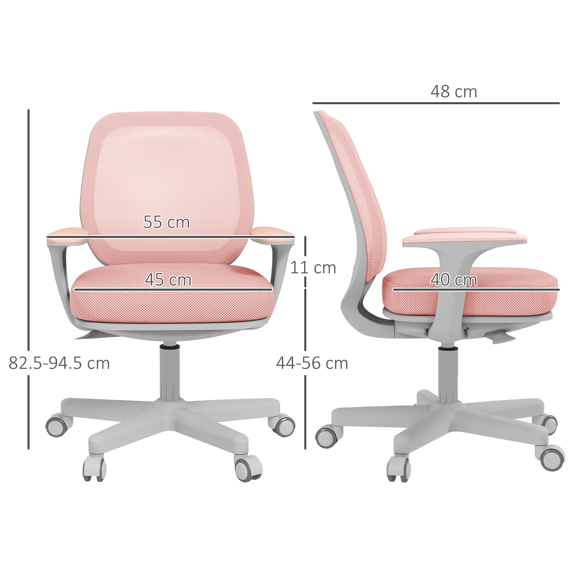 Sedia da ufficio rosa con gambe grigie e quote in cm per larghezza, altezza e profondità della seduta.