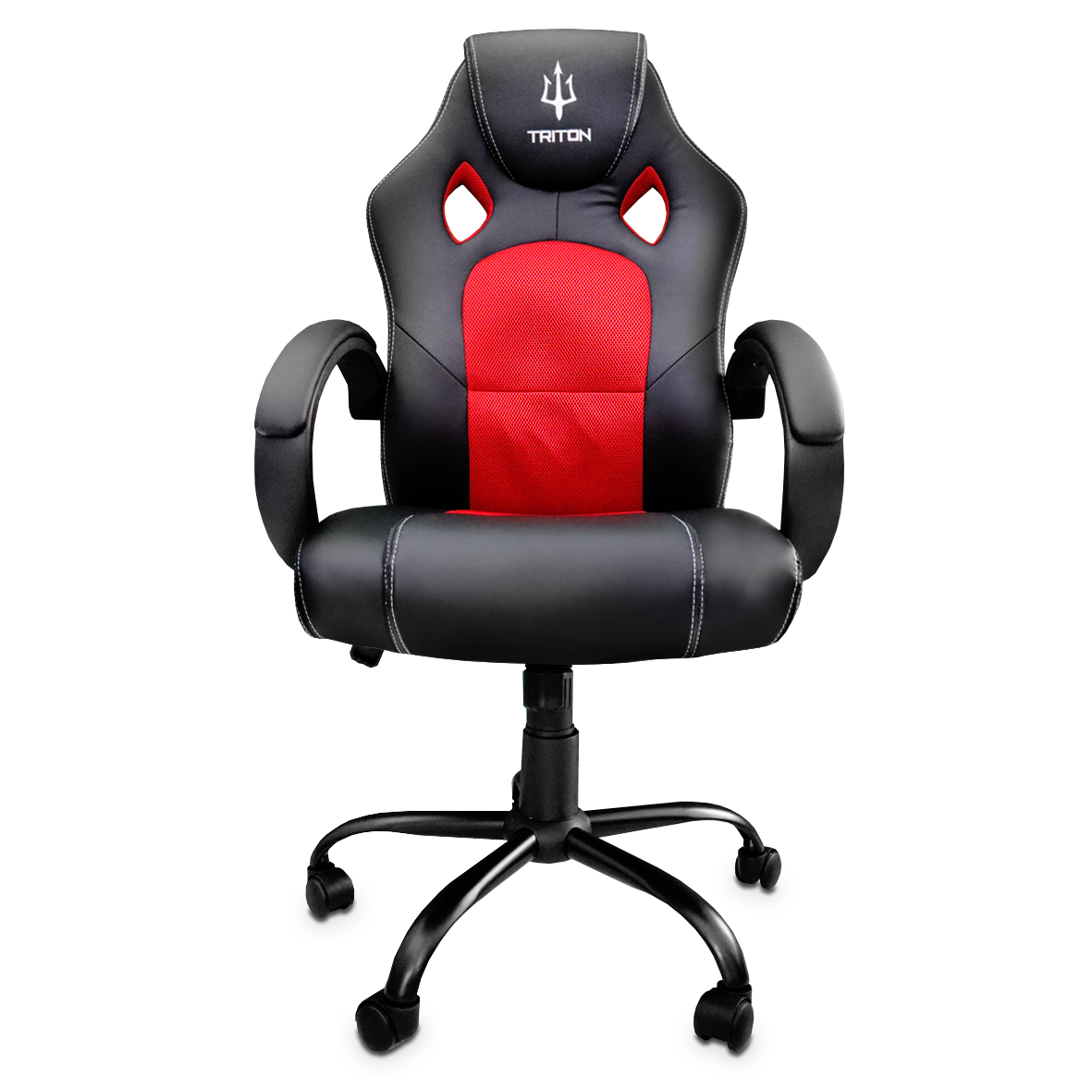 Sedia da gioco nera e rossa con logo Triton sul poggiatesta e ruote.