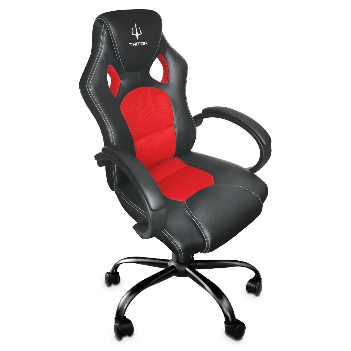 Sedia da gaming Triton nera e rossa con ruote e braccioli imbottiti su sfondo nero.