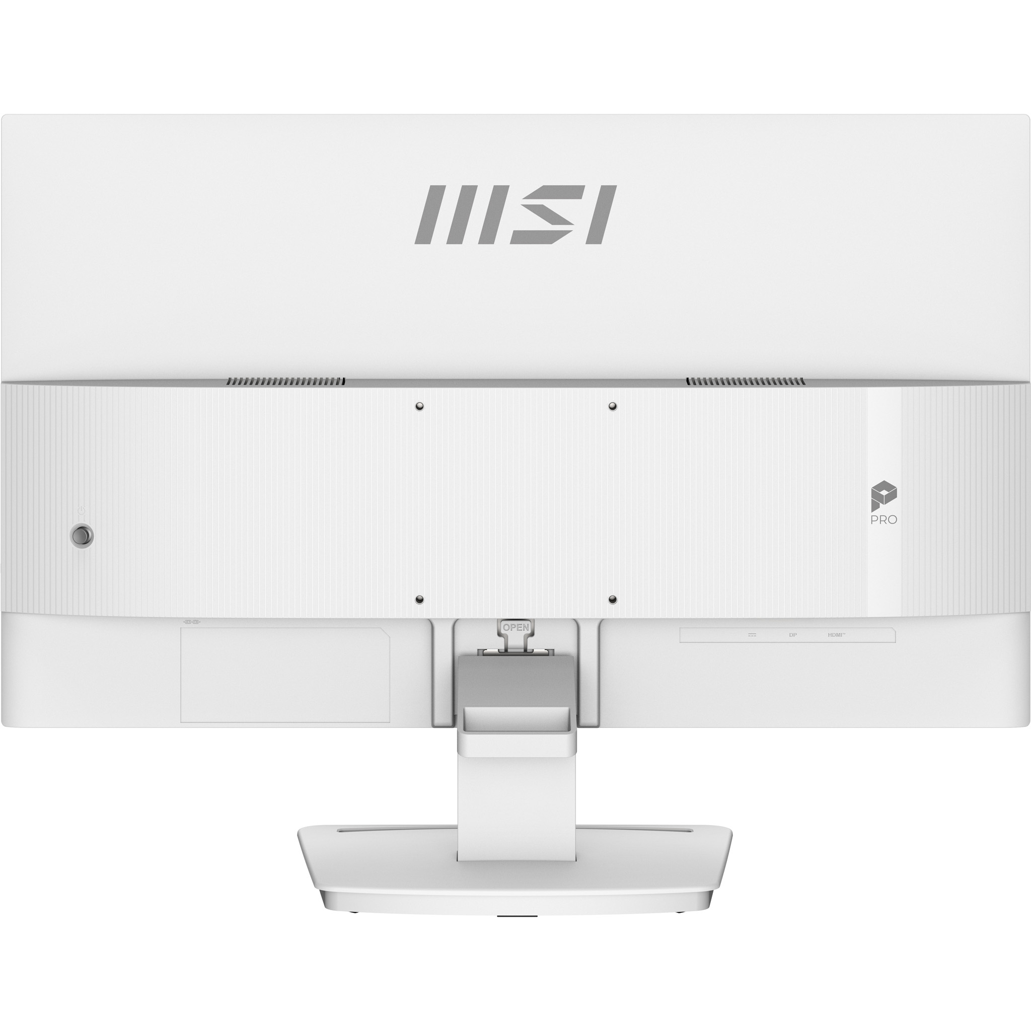 Rückseite eines weißen MSI PRO Monitors mit Ständer.