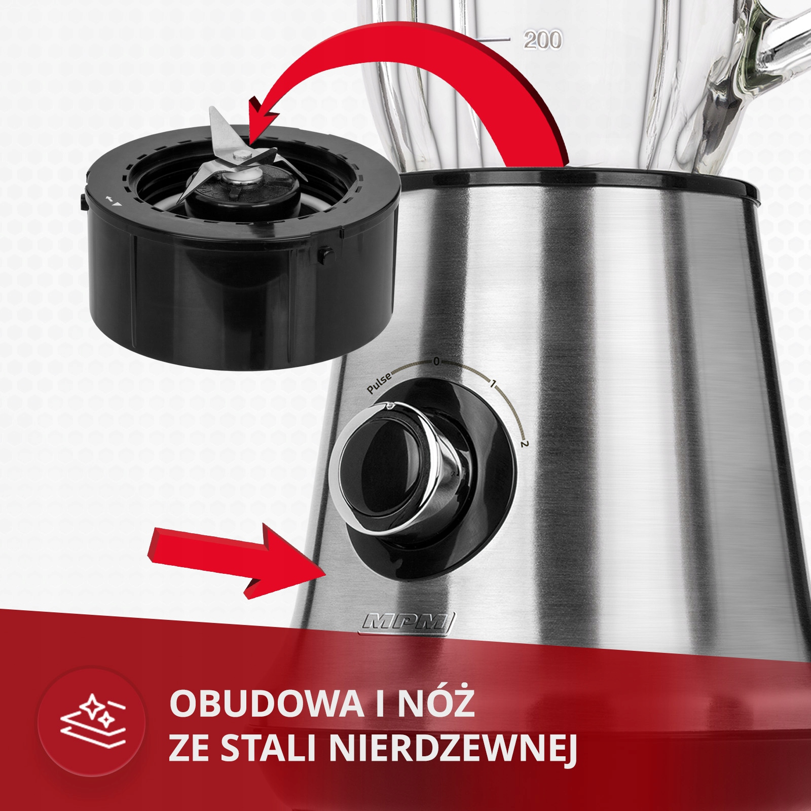 Edelstahlmixer mit abnehmbarer Klingenbasis und Geschwindigkeitsregler, hervorgehoben durch rote Pfeile.