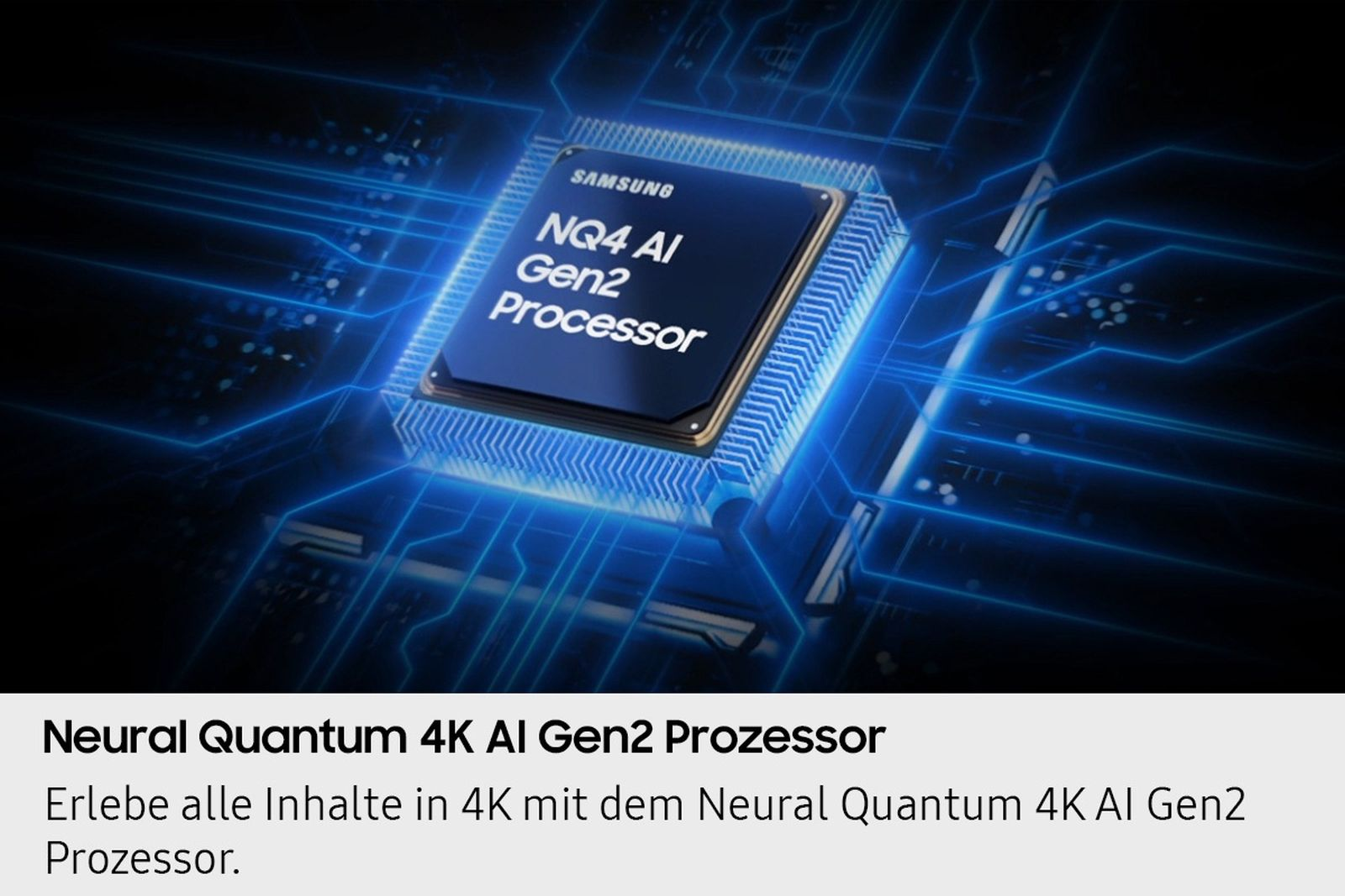 Processore Samsung NQ4 AI Gen2 su una scheda a circuito blu.
