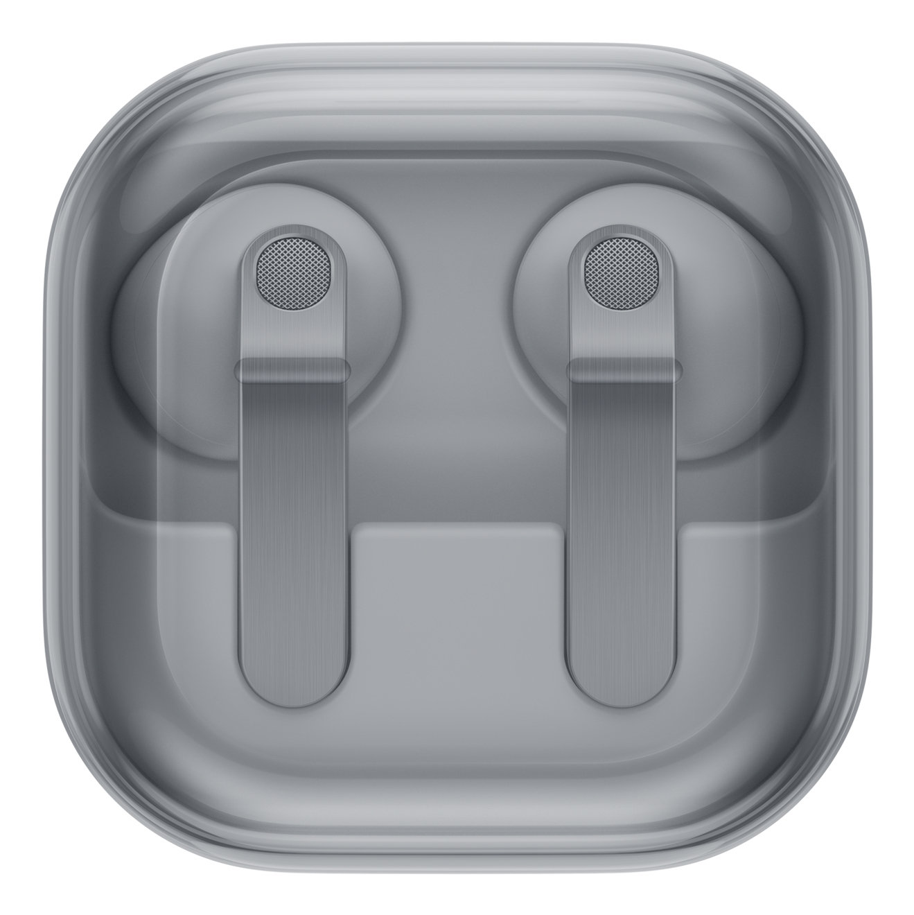 Un estuche de carga gris que contiene dos auriculares inalámbricos dentro, visto desde arriba.